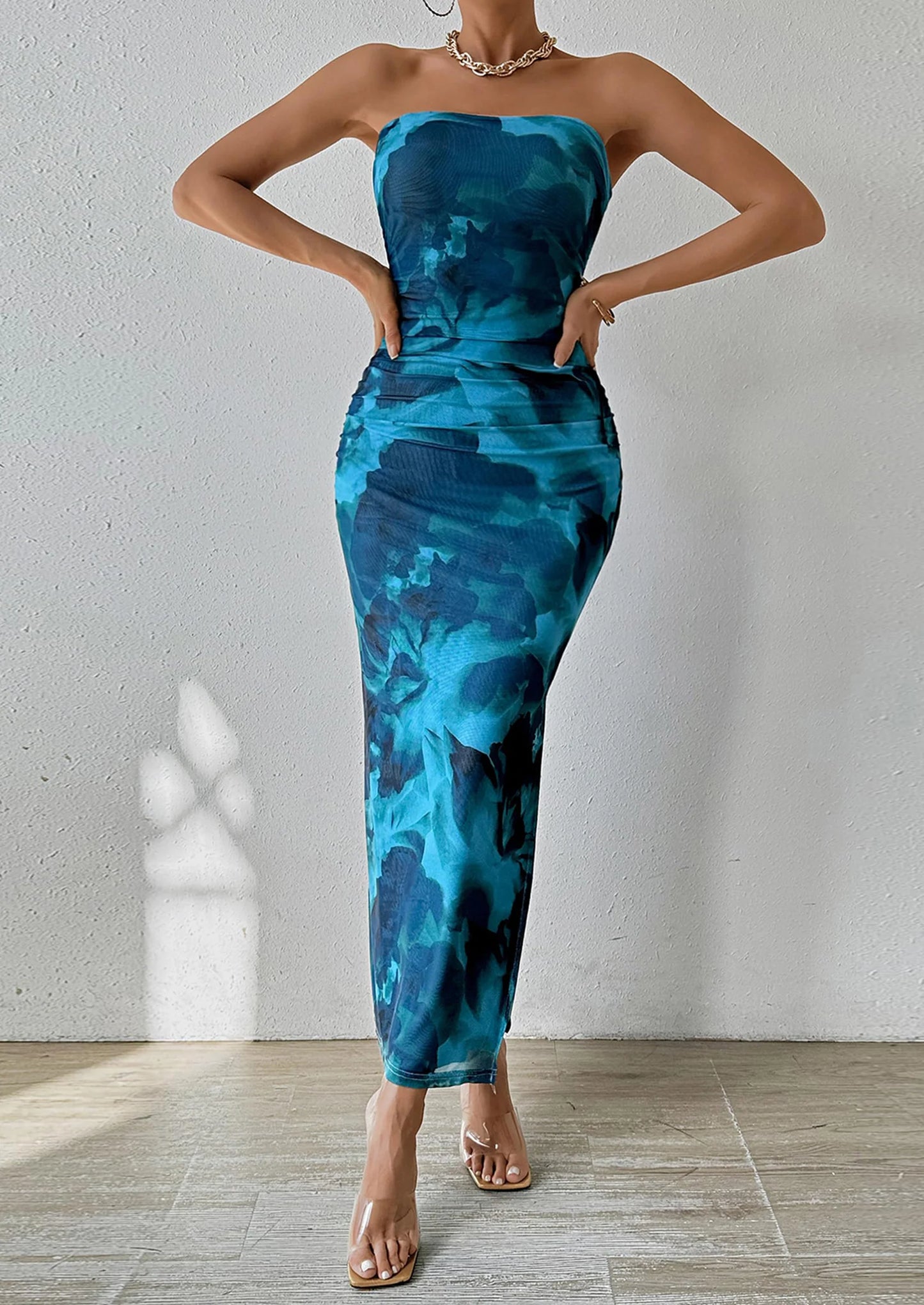 Women's Maxi Bodycon Dresses Strapless Tube Top Slit Floral Printed Party Club Long Dress