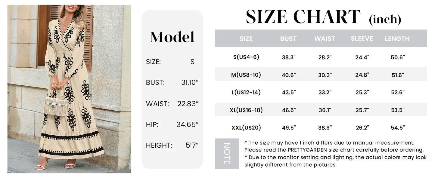 Women's Fall Wedding Guest Dresses Boho Floral Long Sleeve V Neck Flowy Elegant Maxi Dress Beach Clothes