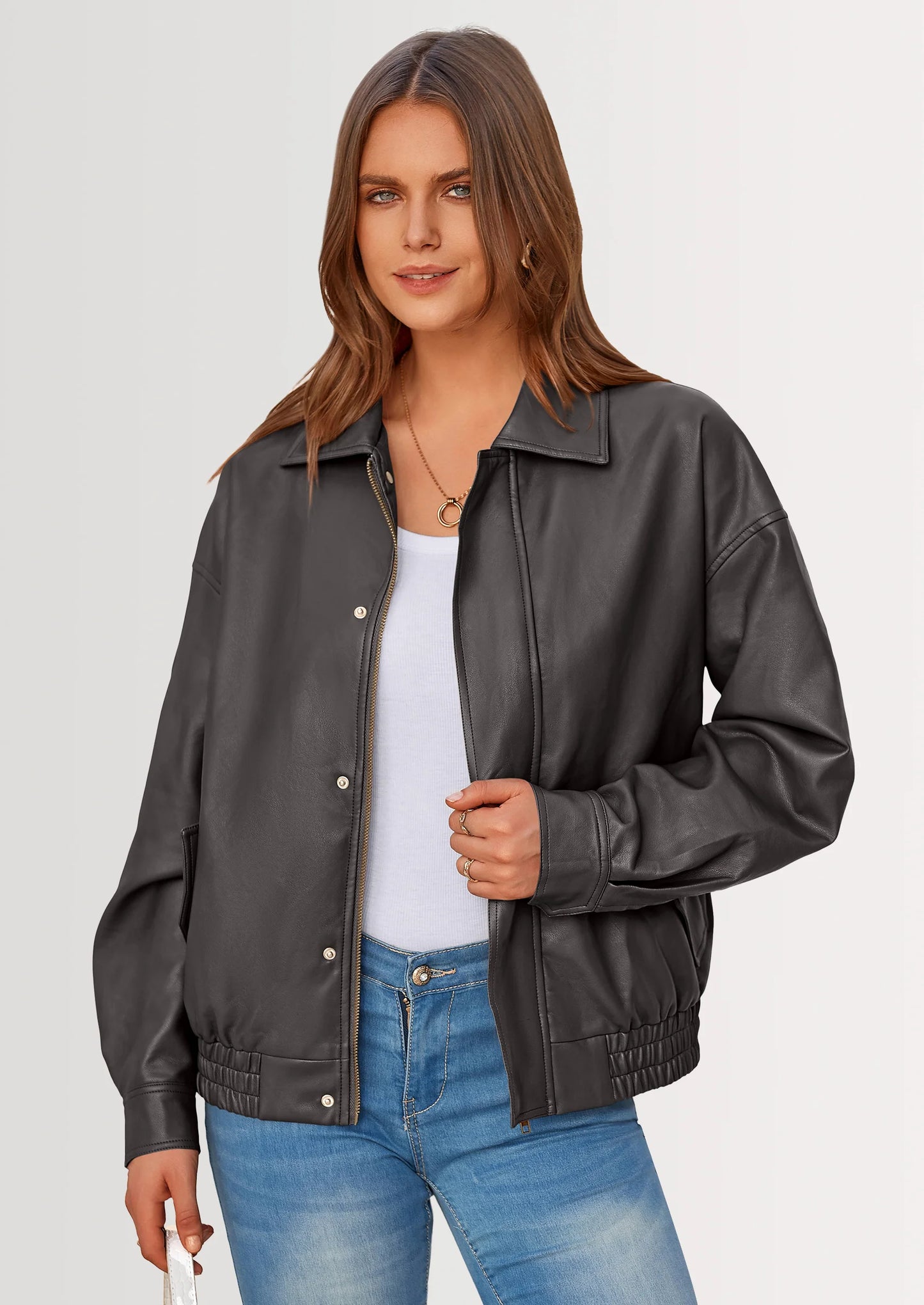 Women's Faux Leather Motorcycle Jacket Trendy Fall Spring Clothes Oversized Zip Up Winter Coat Outerwear