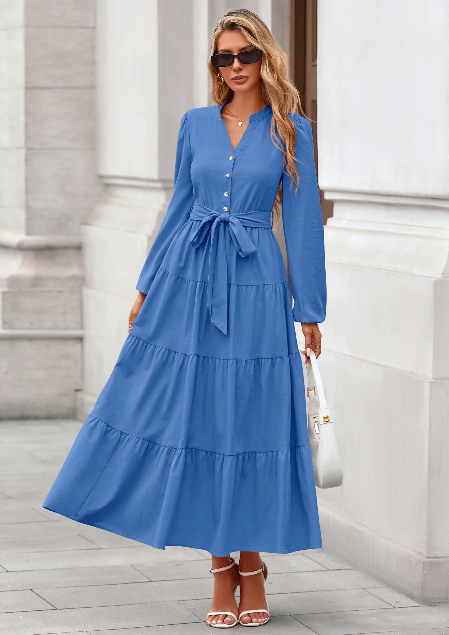 Fall Dresses for Women Long Sleeve V Neck Belted Ruffle A Line Flowy Boho Maxi Wedding Guest Dress Pockets