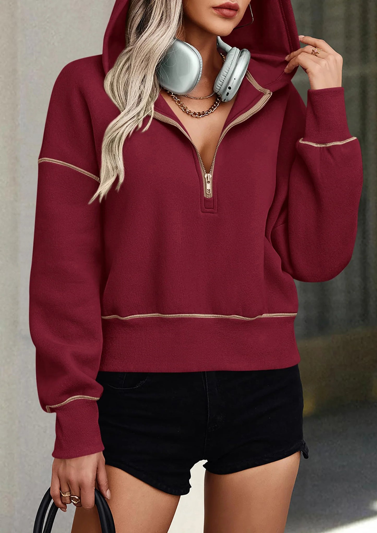 Women's Hooded Sweatshirts Long Sleeve Half Zip Cropped Hoodie Pullover Winter Fashion Clothes