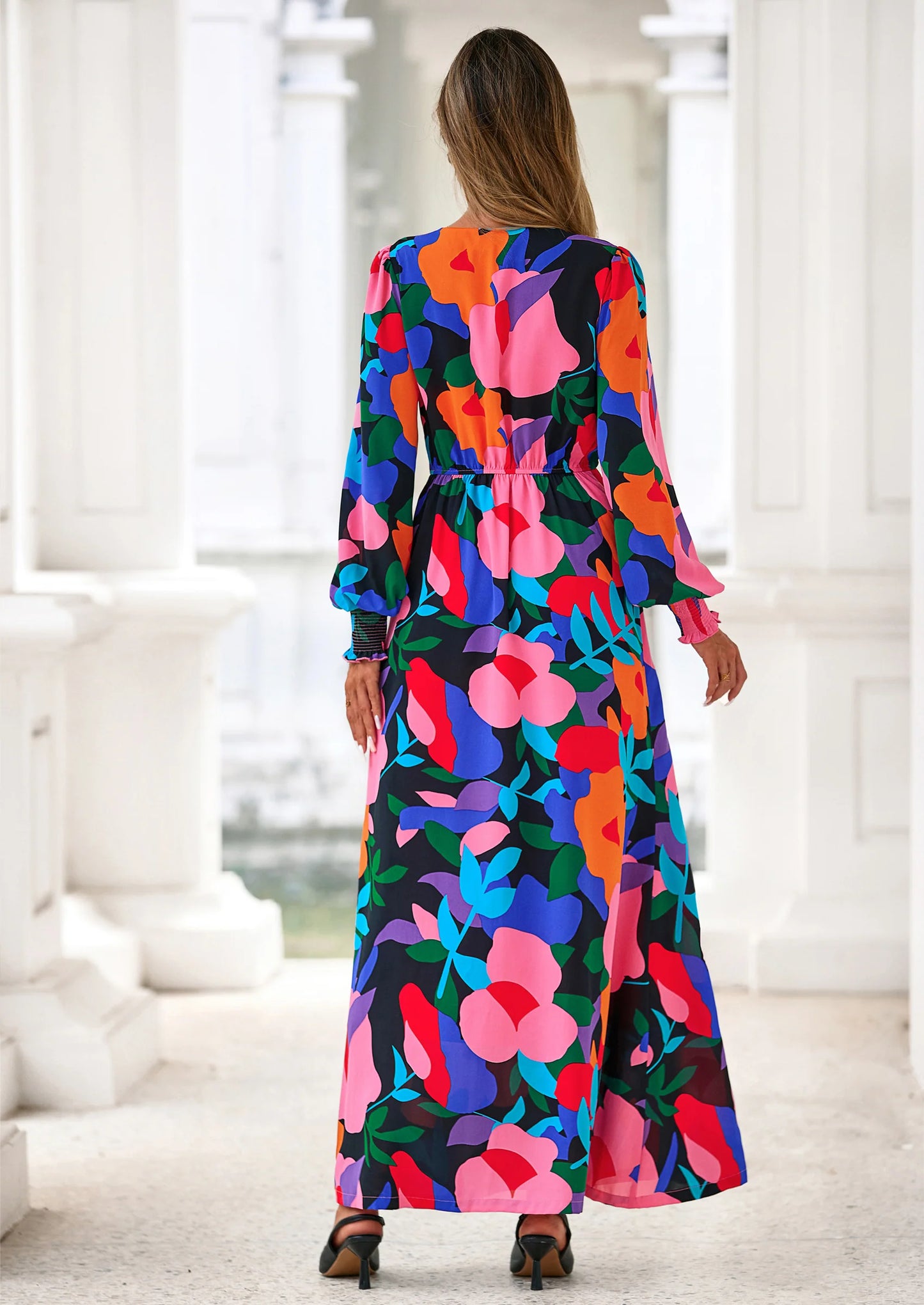 Women's Fall Boho Maxi Dress Floral Long Sleeve V Neck Flowy Belted Elegant Holiday Party Dresses