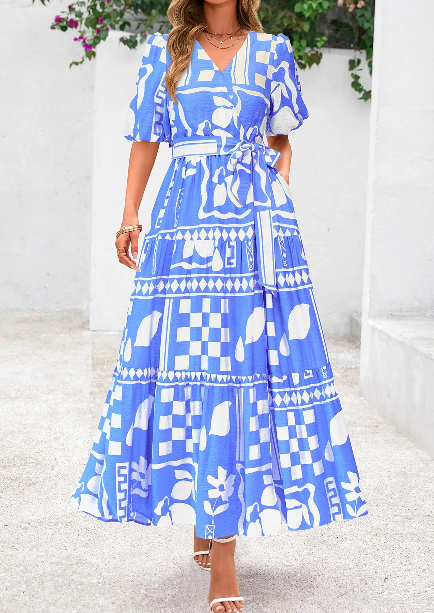 Women's Maxi Dress Resort Wear Boho Floral V Neck Puff Short Sleeve Ruffle Flowy Beach Long Dresses