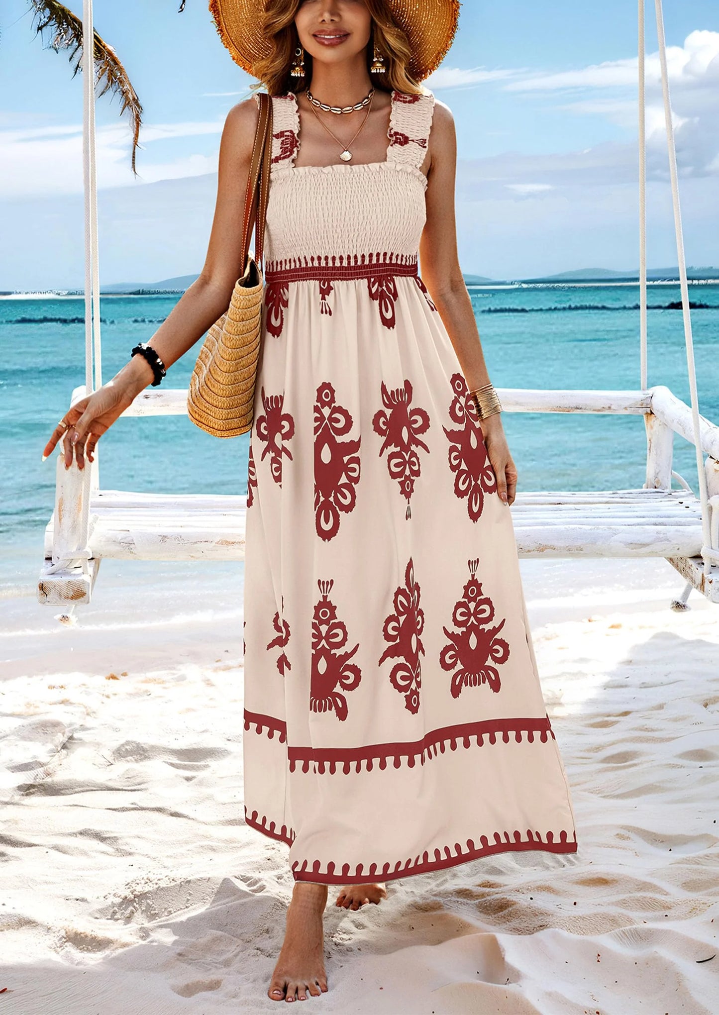 Womens Summer Boho Maxi Dress Casual Sleeveless Square Neck Floral Aline Smocked Beach Dresses with Pockets