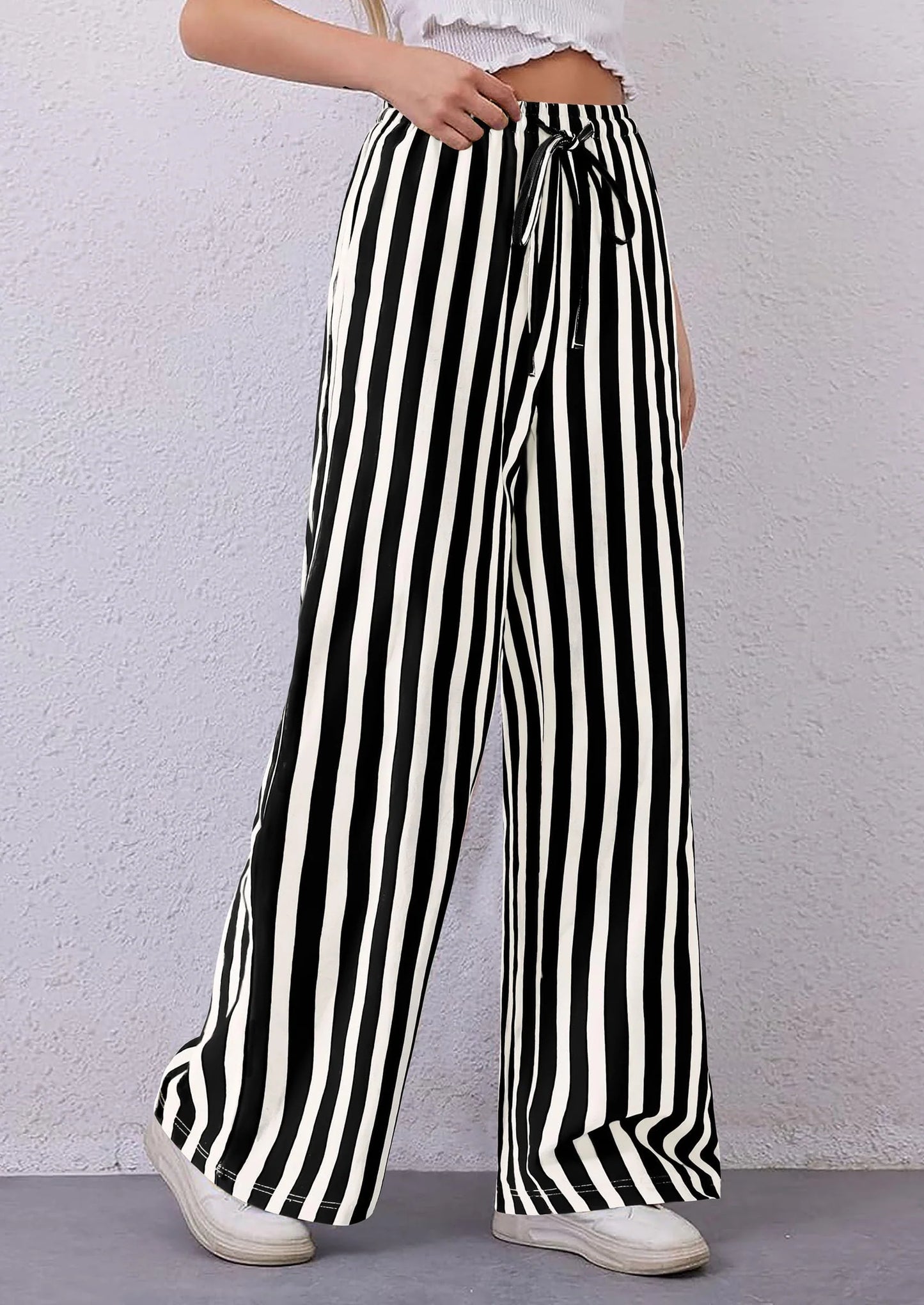 Women's Summer Striped Wide Leg Lounge Pants Trendy Clothes Drawstring Elastic Waist Comfy Pajama Bottoms
