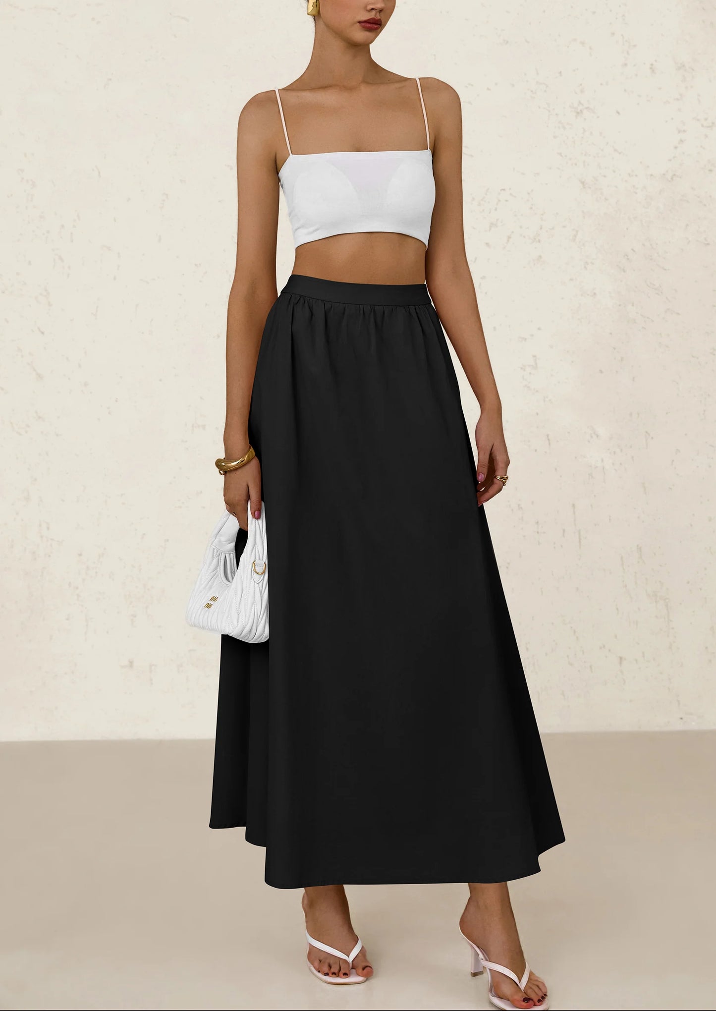 Women's Maxi Skirts Summer Trendy Ruffle High Waisted Casual Long Flowy Skirt with Pockets