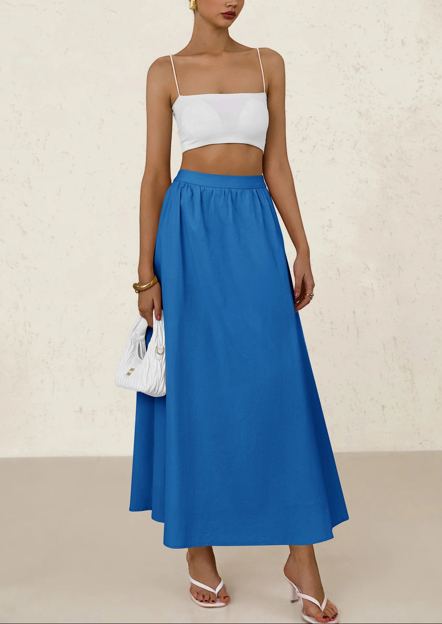 Women's Maxi Skirts Summer Trendy Ruffle High Waisted Casual Long Flowy Skirt with Pockets