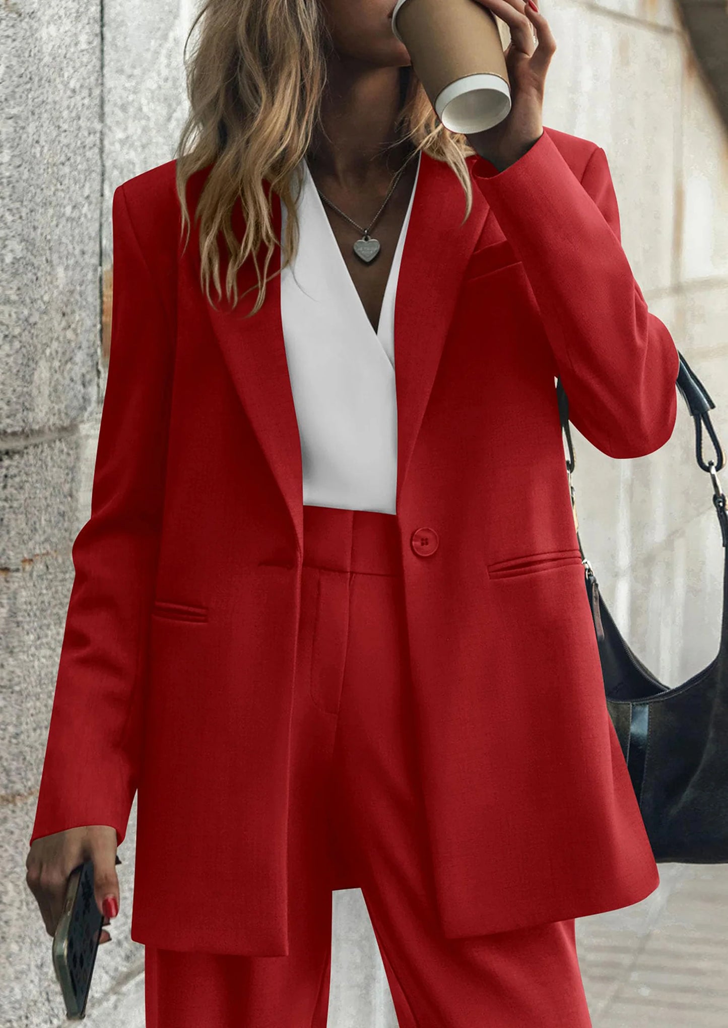 Women's Fall Two Piece Outfits Dressy Blazer Jacket and Wide Leg Pants Pockets Business Casual Office Suit Sets