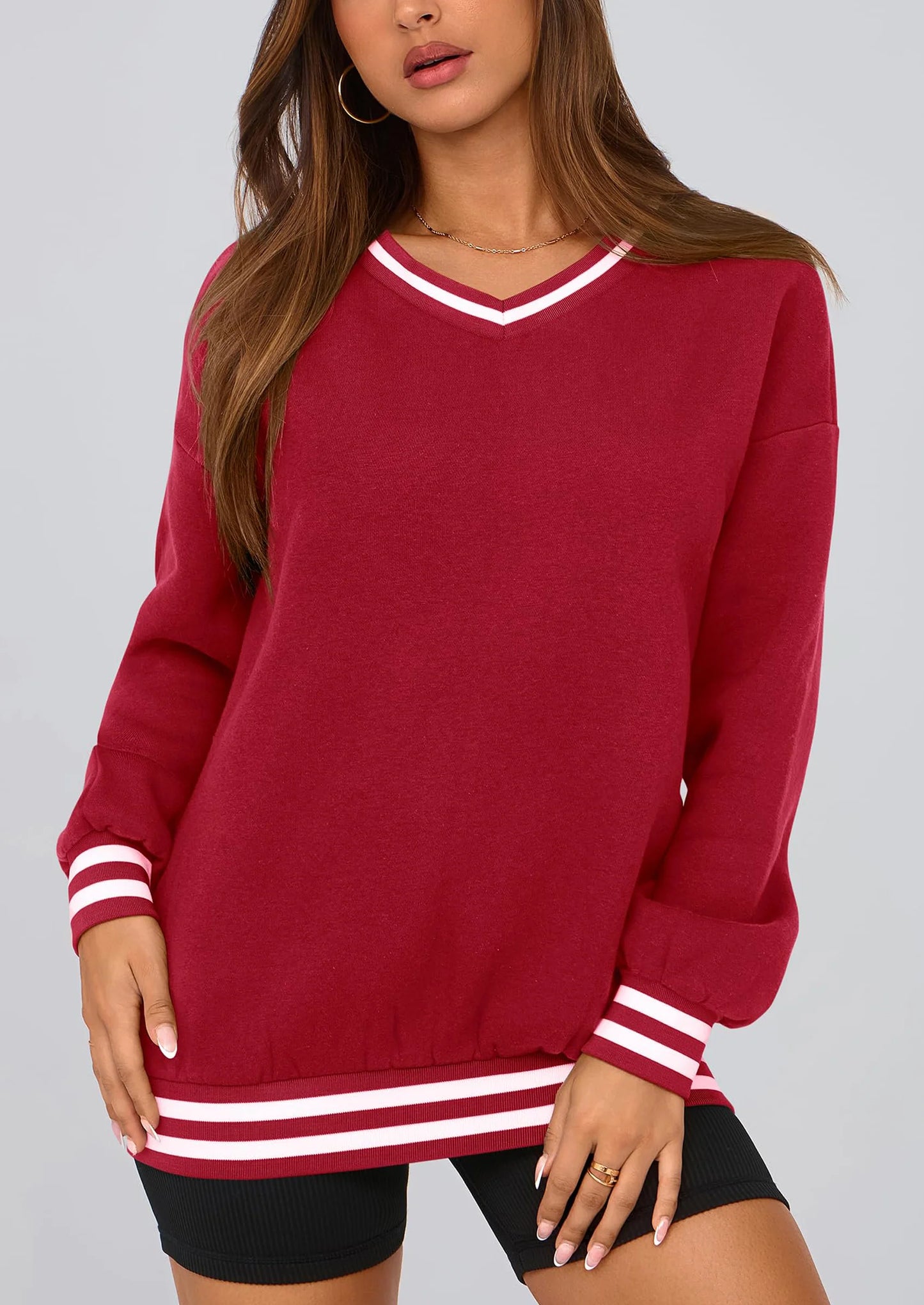 Women's Oversized Sweatshirts Casual Long Sleeve Stripes Knit V Neck Pullover Top Fall Teens Preppy Clothes