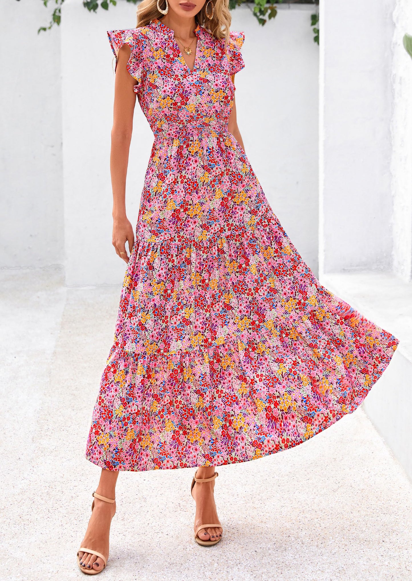 Women's Summer Floral Midi Dress Cap Sleeve V Neck Ruffle Long Flowy Boho Casual Beach Vacation Dresses