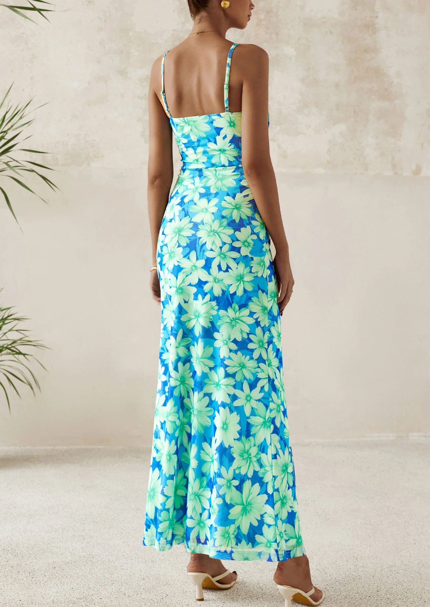 Women's Bodycon Maxi Dress Floral Sundress Sleeveless Spaghetti Strap Cocktail Party Dress
