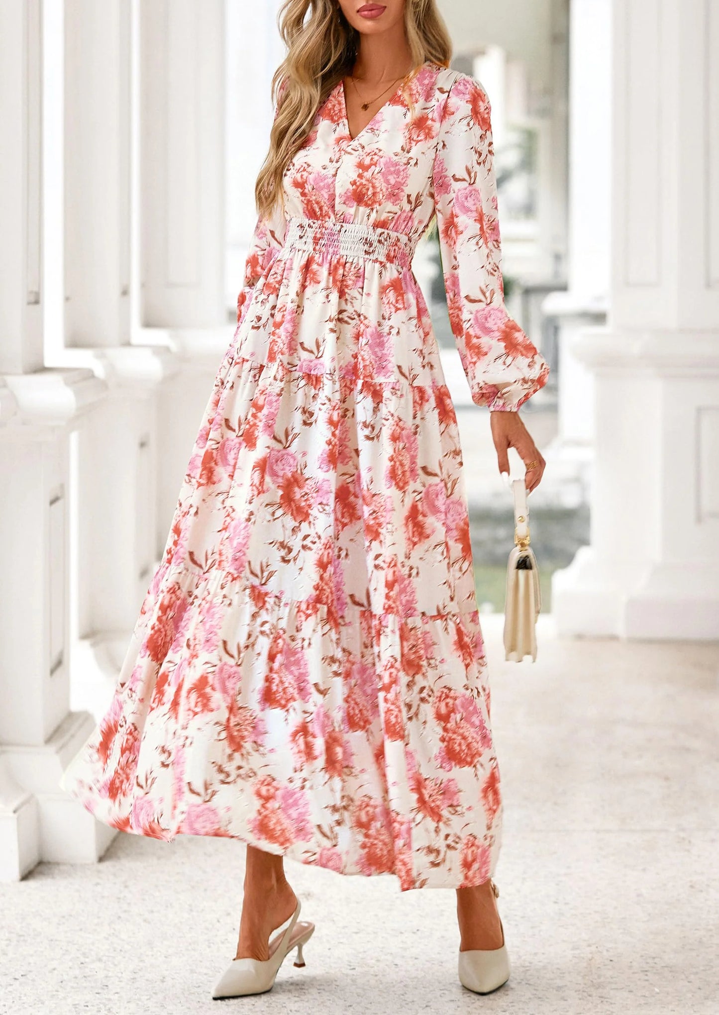 Long Sleeve Maxi Fall Dresses for Women Vneck Smocked Boho Floral Tiered Swing Flowy Wedding Guest Dress