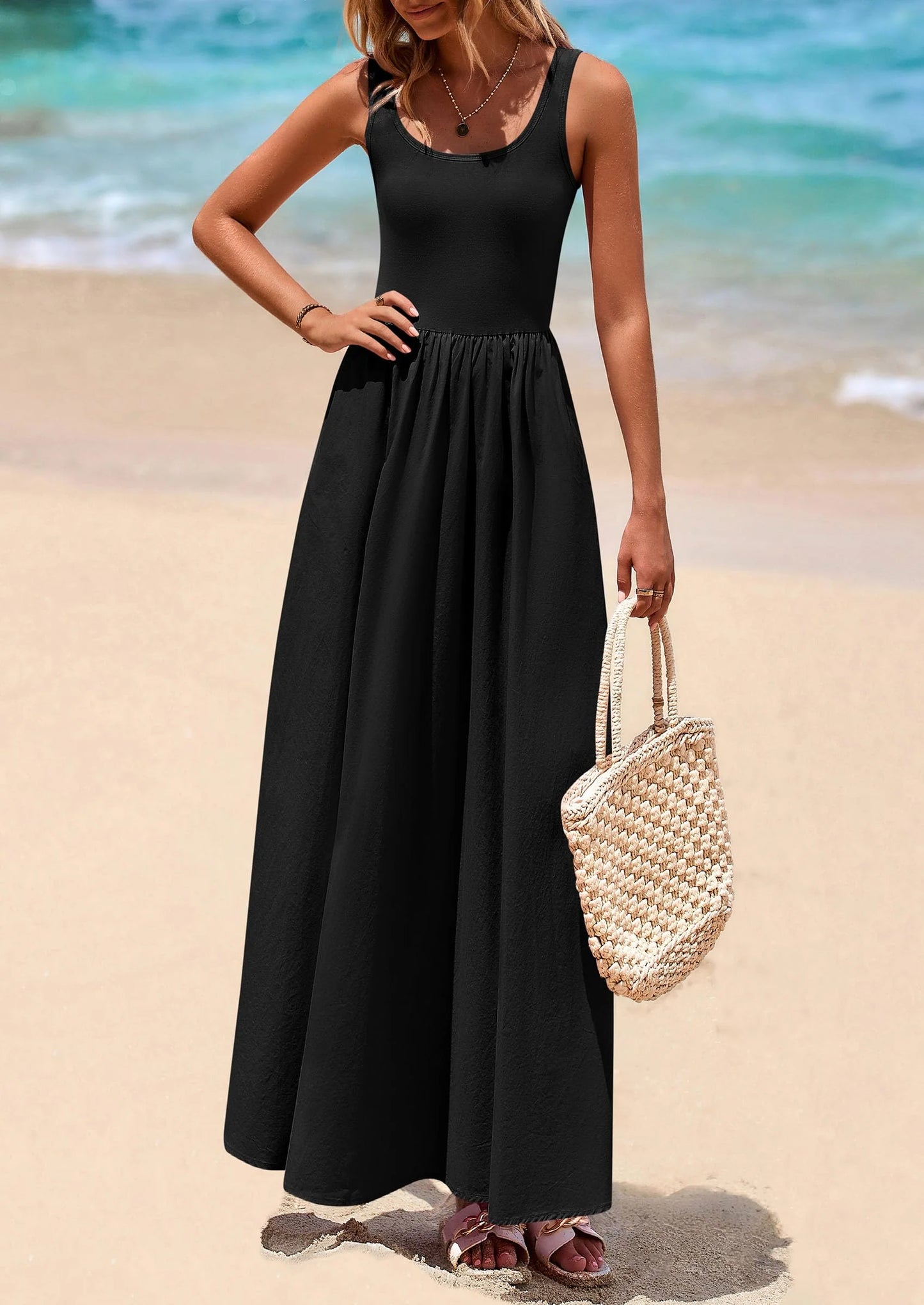 Womens Summer Casual Scoop Neck Sleeveless Long Dresses Tank Top Patchwork Aline Swing Maxi Dress with Pockets