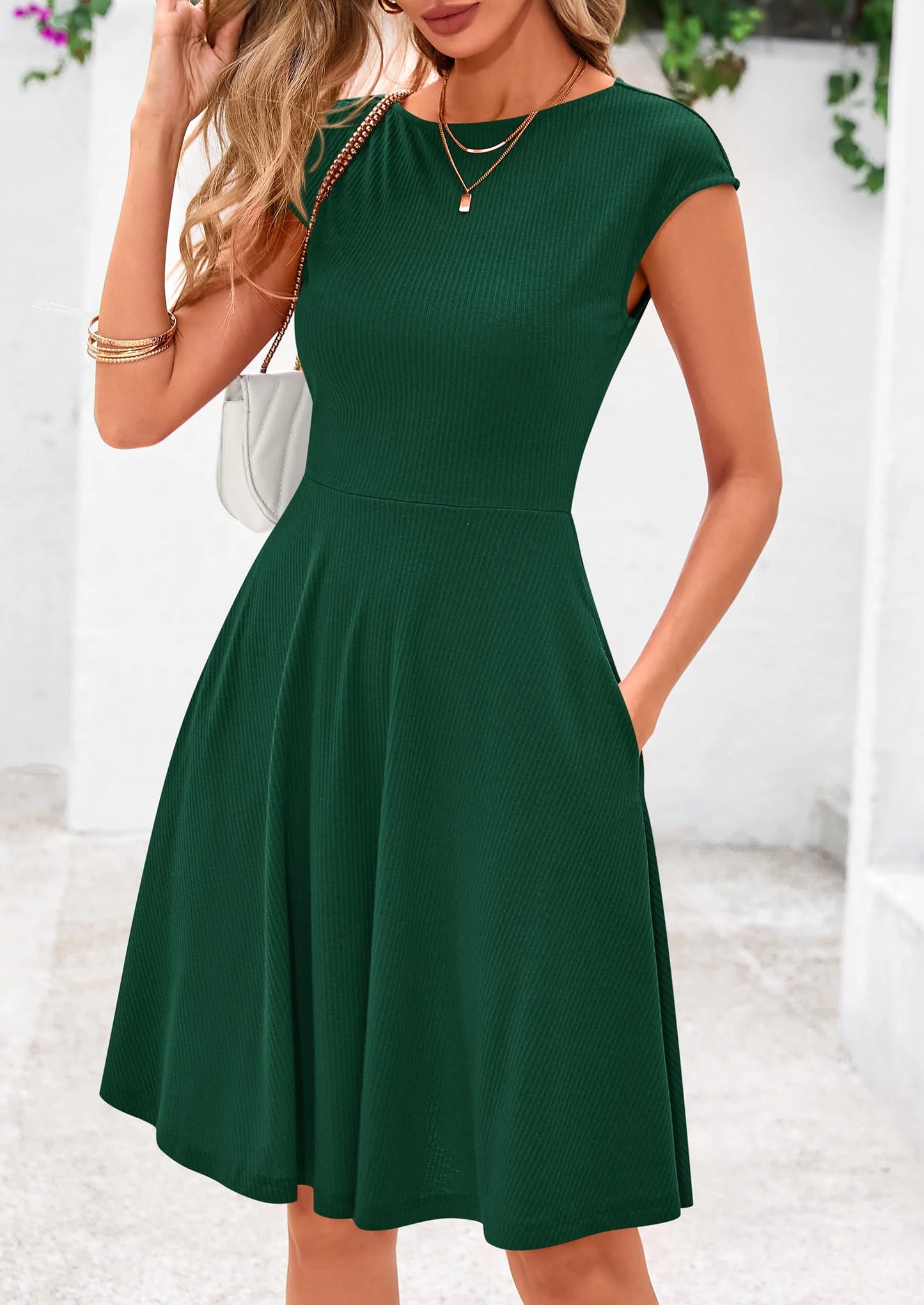 Womens Short Summer Dress Crewneck Cap Sleeve Ribbed Knit Casual Flowy A Line Mini Sundresses with Pockets