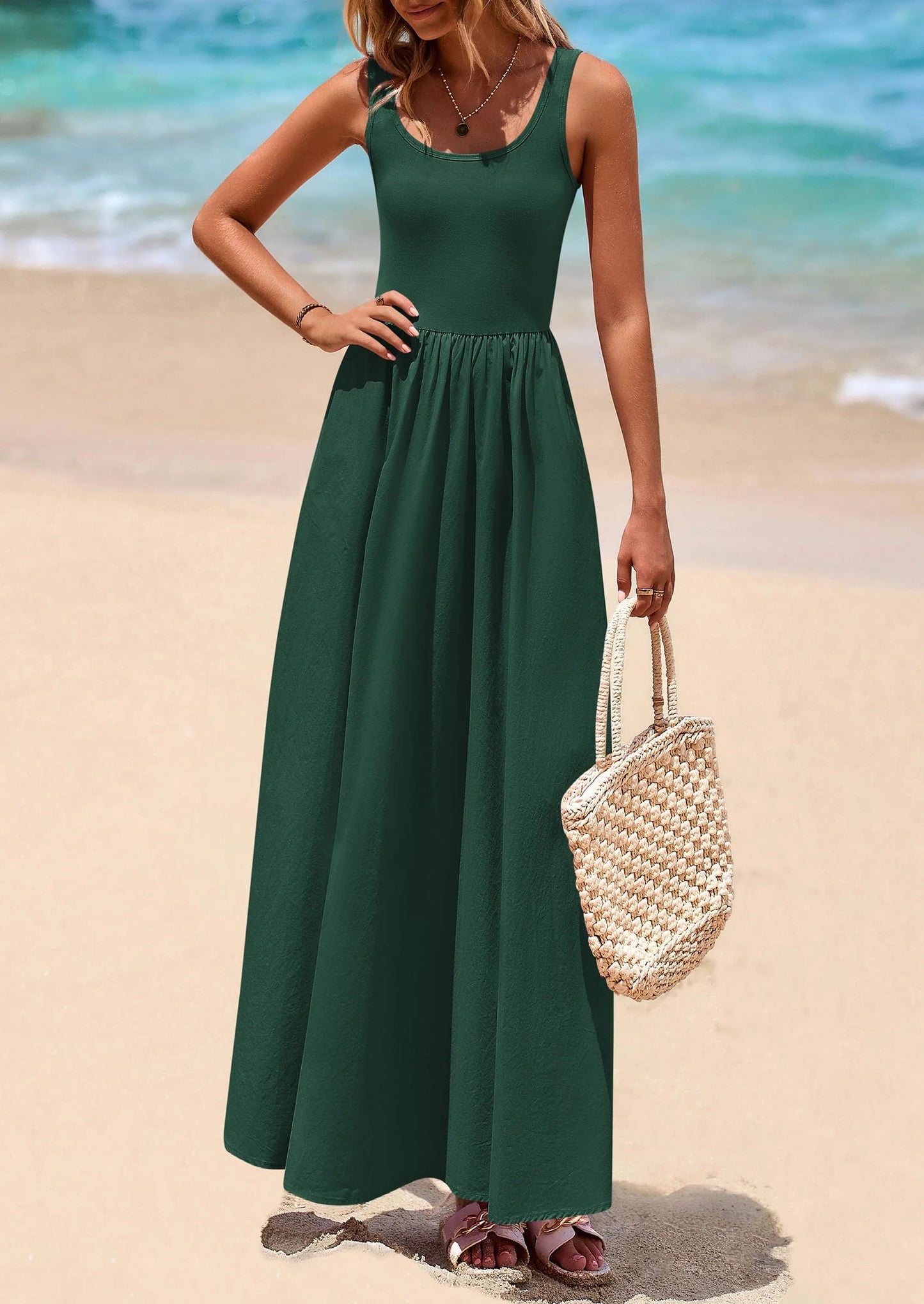 Womens Summer Casual Scoop Neck Sleeveless Long Dresses Tank Top Patchwork Aline Swing Maxi Dress with Pockets