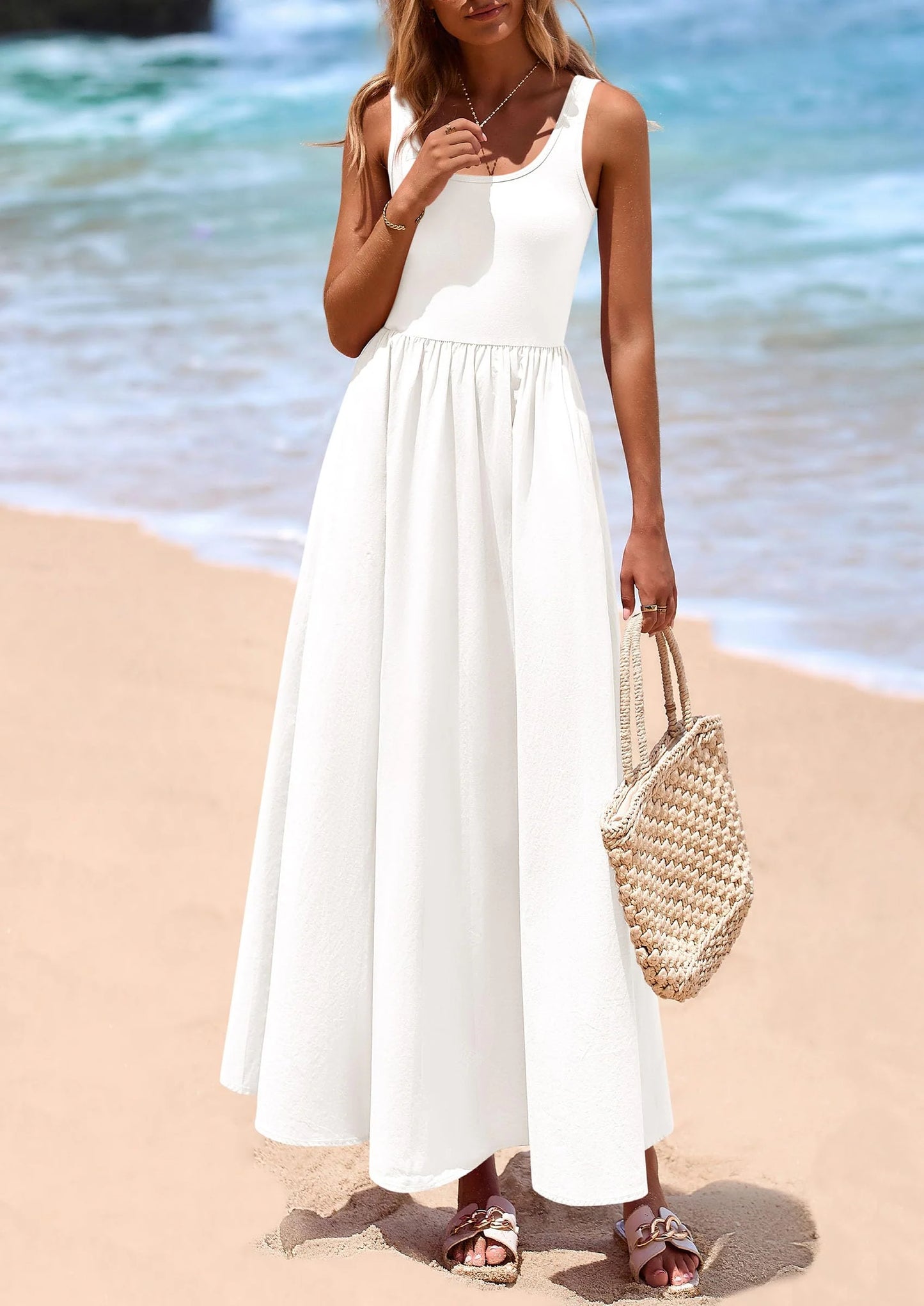 Womens Summer Casual Scoop Neck Sleeveless Long Dresses Tank Top Patchwork Aline Swing Maxi Dress with Pockets