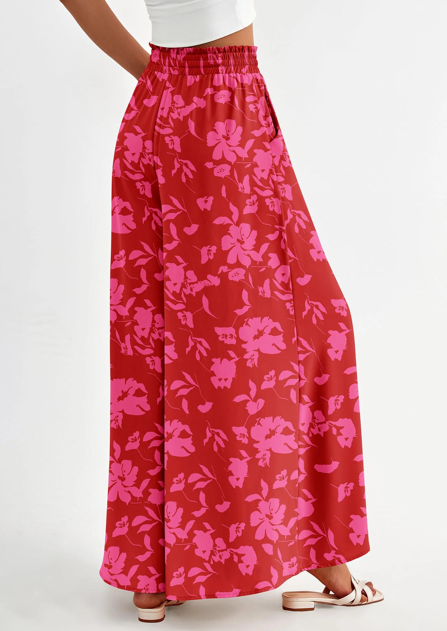 Women's Summer Wide Leg Palazzo Pants High Waisted Flowy Pockets Trendy Casual Lounge Boho Beach Trousers