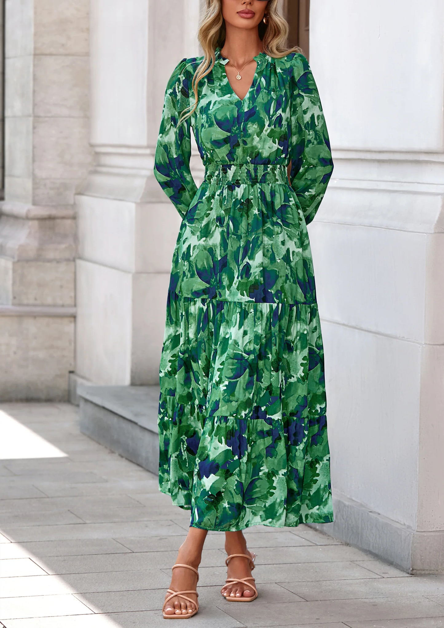 Women's Floral Maxi Dress Spring Long Sleeve V Neck Casual A Line Long Flowy Boho Party Dresses