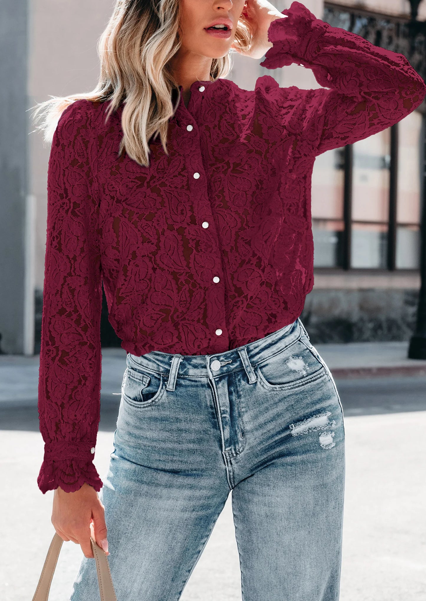 Women's Dressy Casual Lace Blouse Long Sleeve Button Up Shirts Tops Spring Fall Fashion Clothes