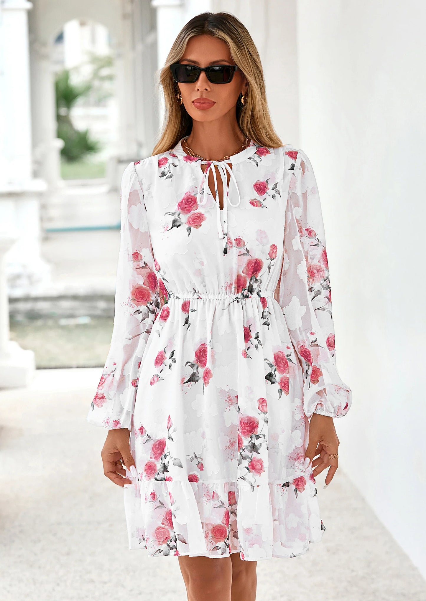 Women's Fall Boho Dresses Floral Long Sleeve V Neck Mini Flowy Wedding Guest Dress Trendy Vacation Outfits