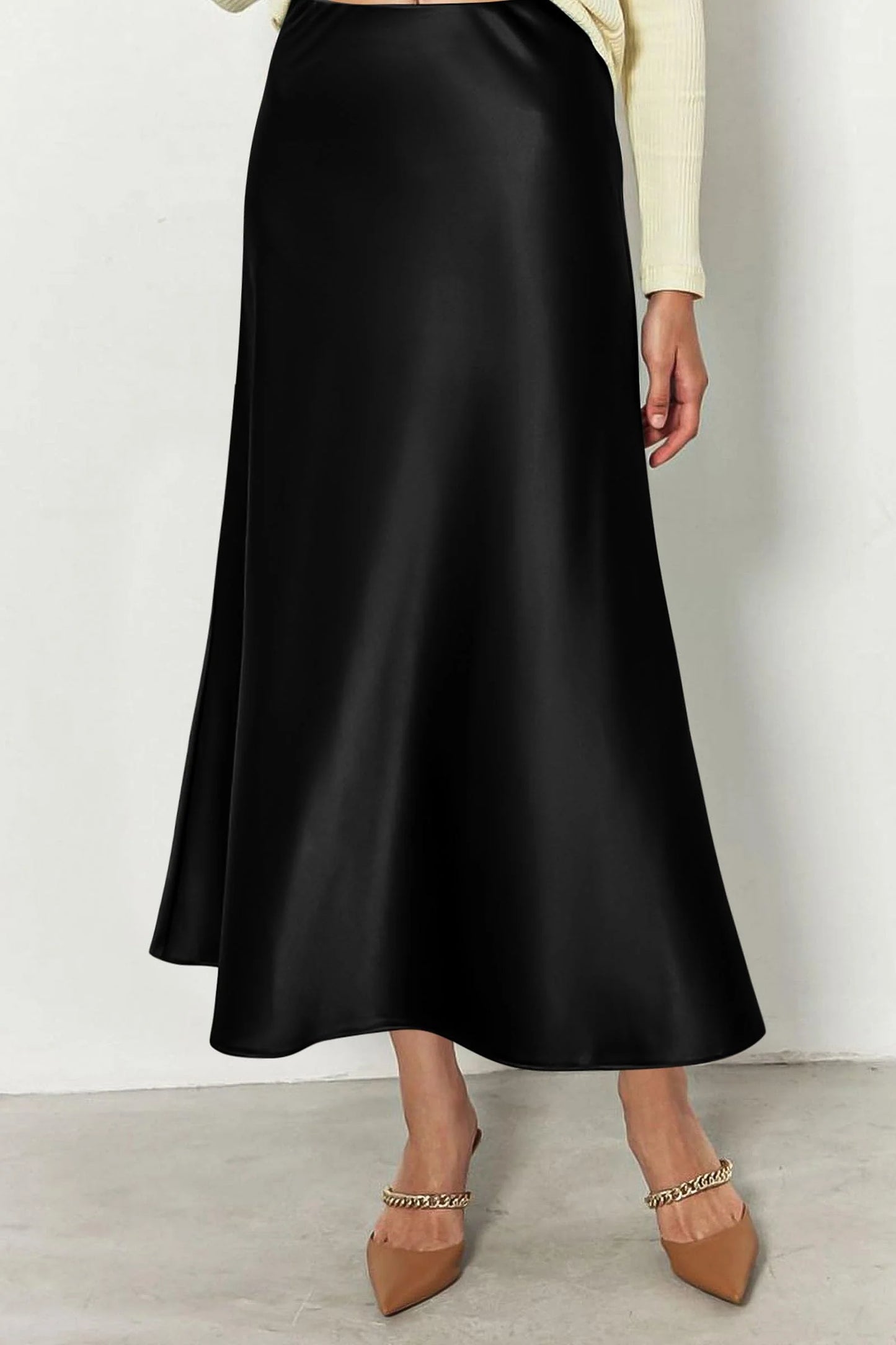 Women's Satin Skirts Dressy Casual Fall High Waisted Cocktail Wedding Flowy Elegant A Line Midi Skirt