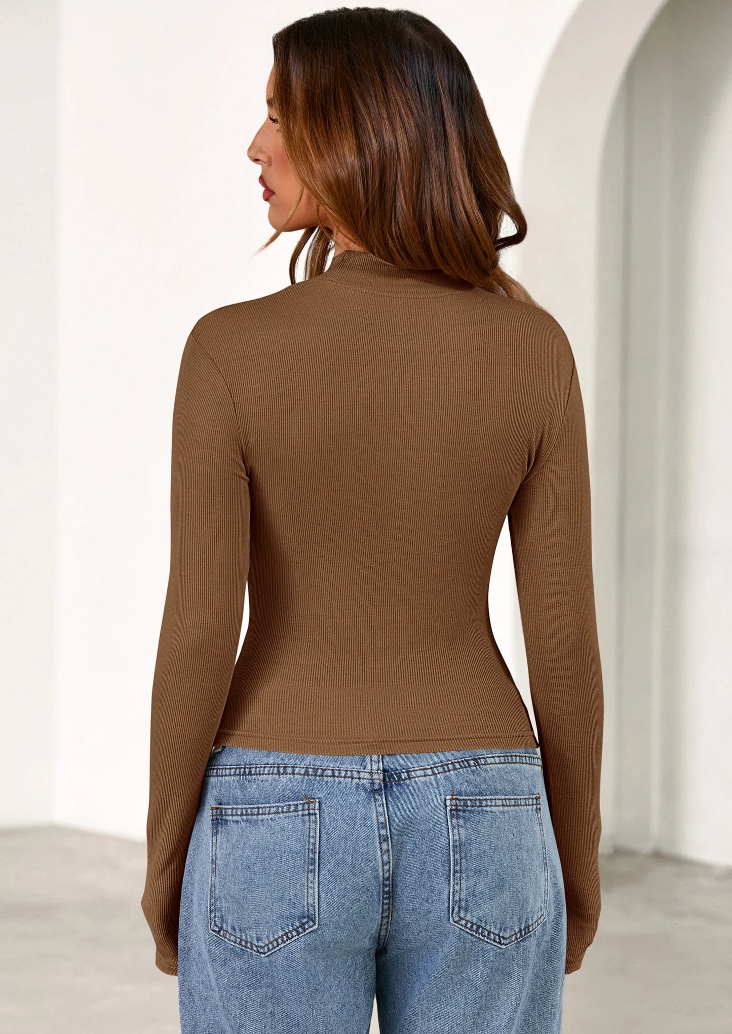 Women's Turtleneck Long Sleeve Shirts Fall Basic Tees Ribbed Fitted Tops Thermal Layering Knit Top Clothes
