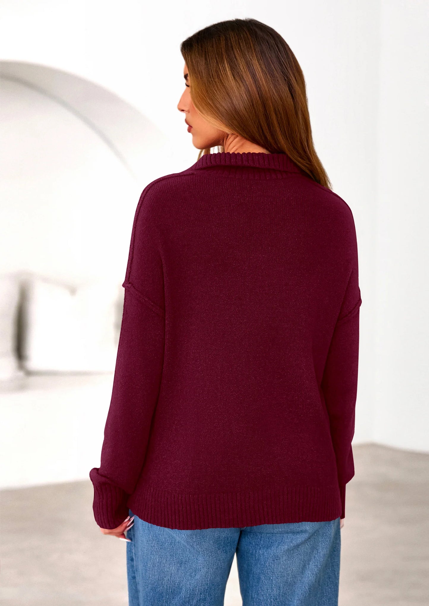 Womens Sweaters Quarter Zip Pullover Early Fall Fashion Long Sleeve V Neck Collared Knit Winter Jumper Tops