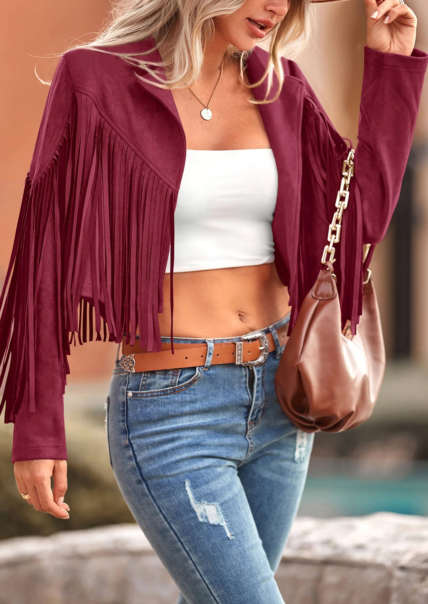 Women's Fringe Faux Suede Leather Jackets Fashion Tassel Motorcycle Cropped Coats