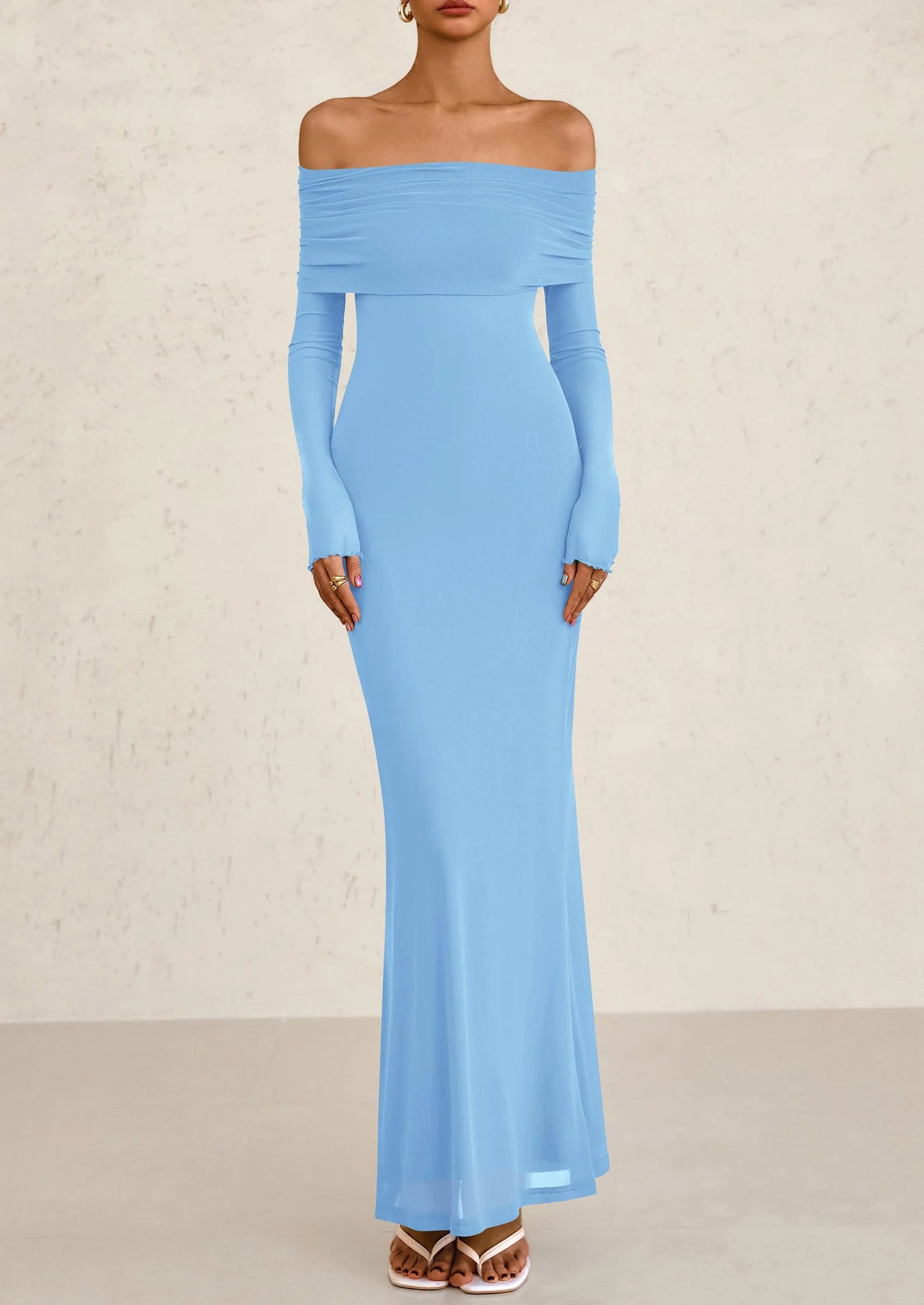 Off The Shoulder Dresses for Women Mesh Long Sleeve Baby Shower Formal Wedding Guest Dress