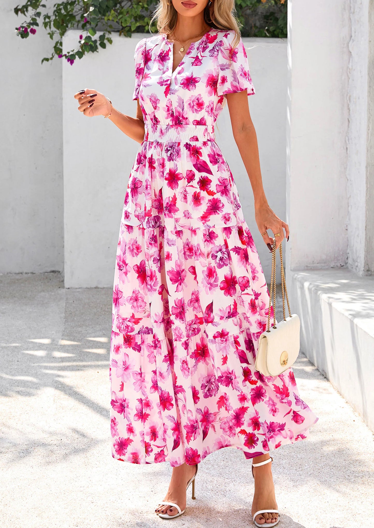 Women's Boho Maxi Dresses Floral Short Sleeve V Neck A Line Tiered Flowy Long Beach Vacation Dress