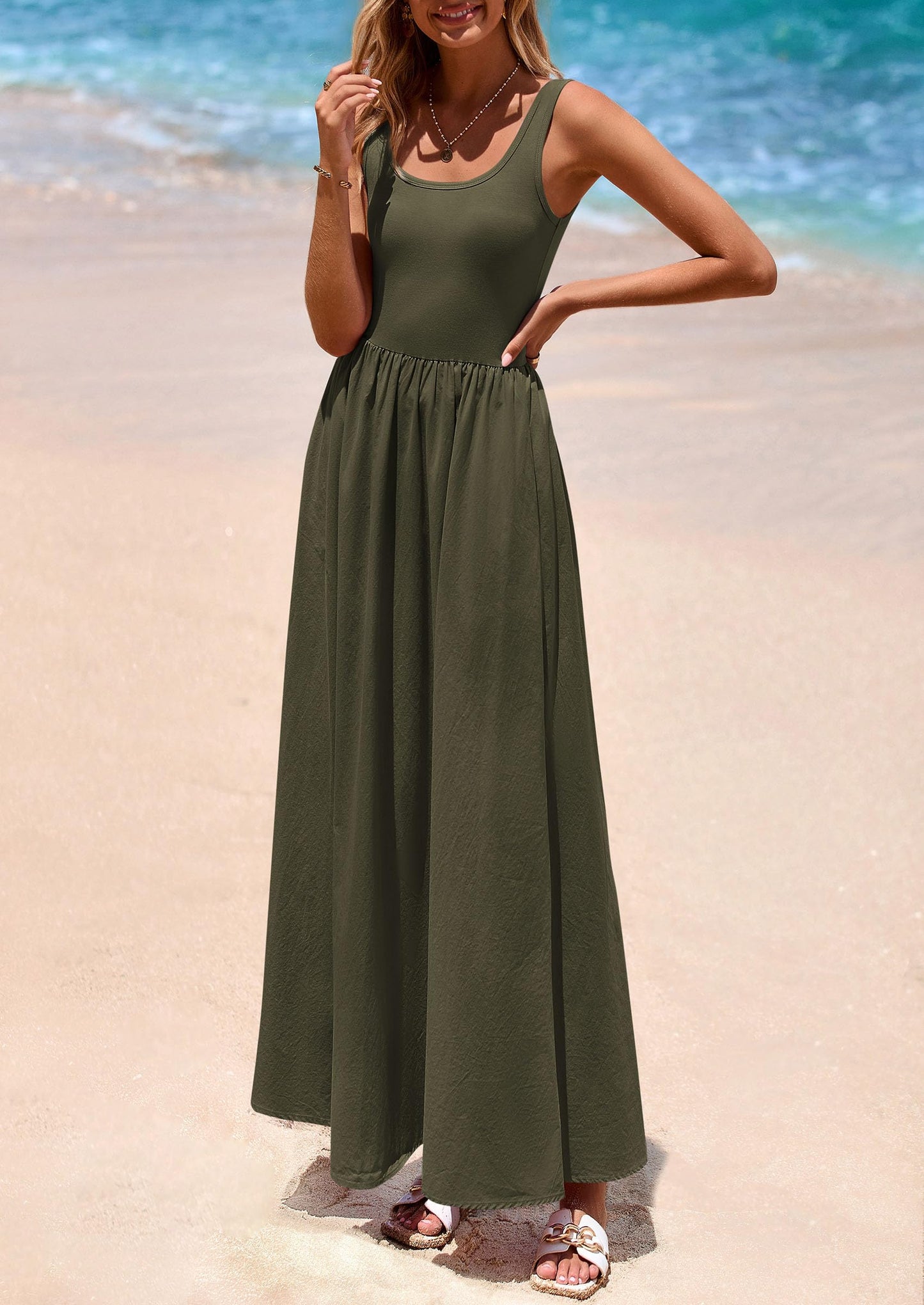 Womens Summer Casual Scoop Neck Sleeveless Long Dresses Tank Top Patchwork Aline Swing Maxi Dress with Pockets