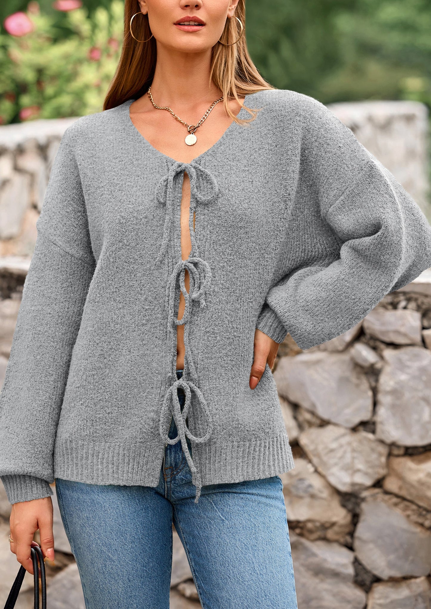 Women's Tie Front Bow Cardigan Sweaters Chunky Knit Long Puff Sleeve Trendy Fall Winter Jacket Coats
