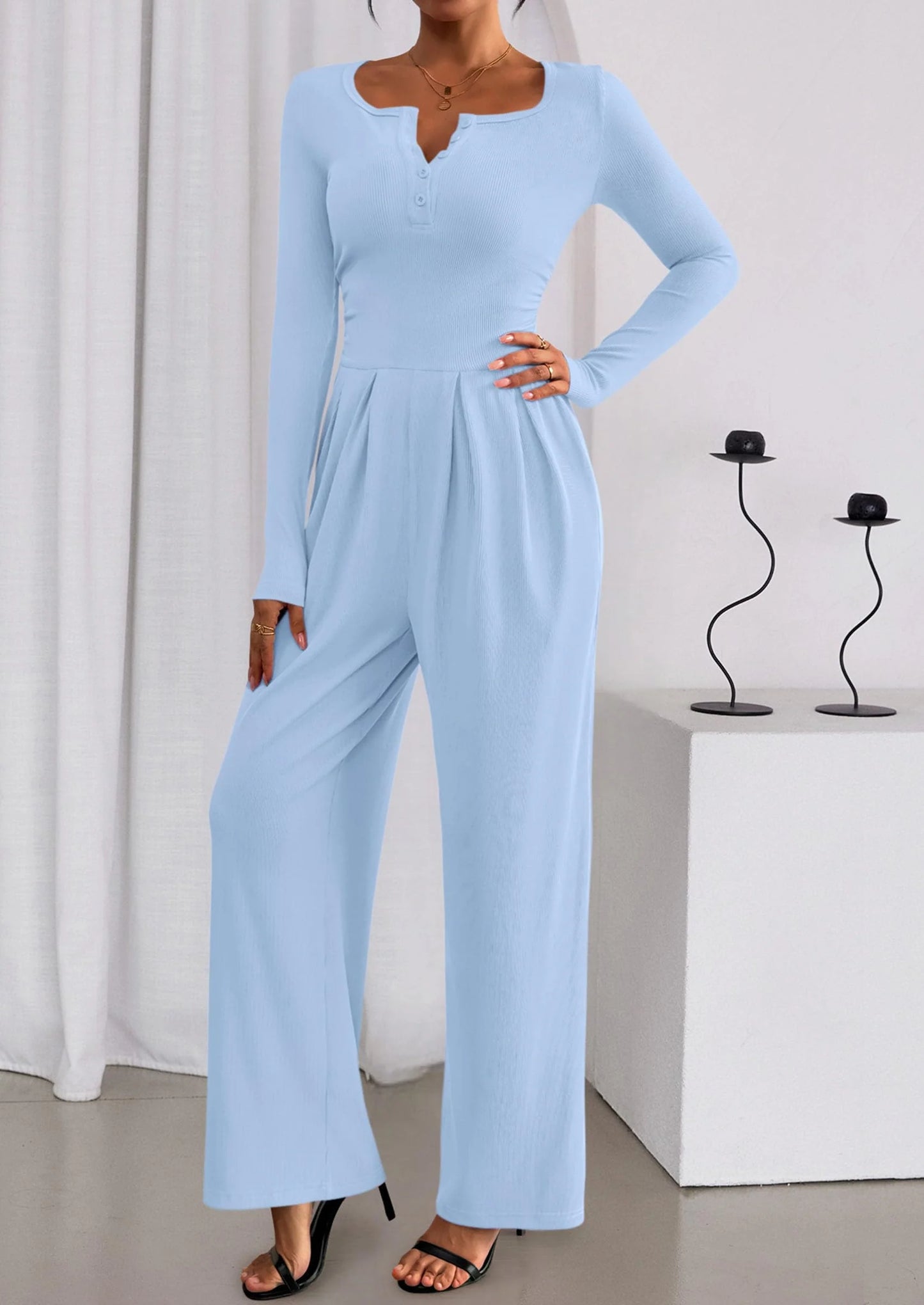 Jumpsuits for Women Dressy Casual Fall One Piece Outfits Long Sleeve Crew Neck Wide Leg Pants Rompers