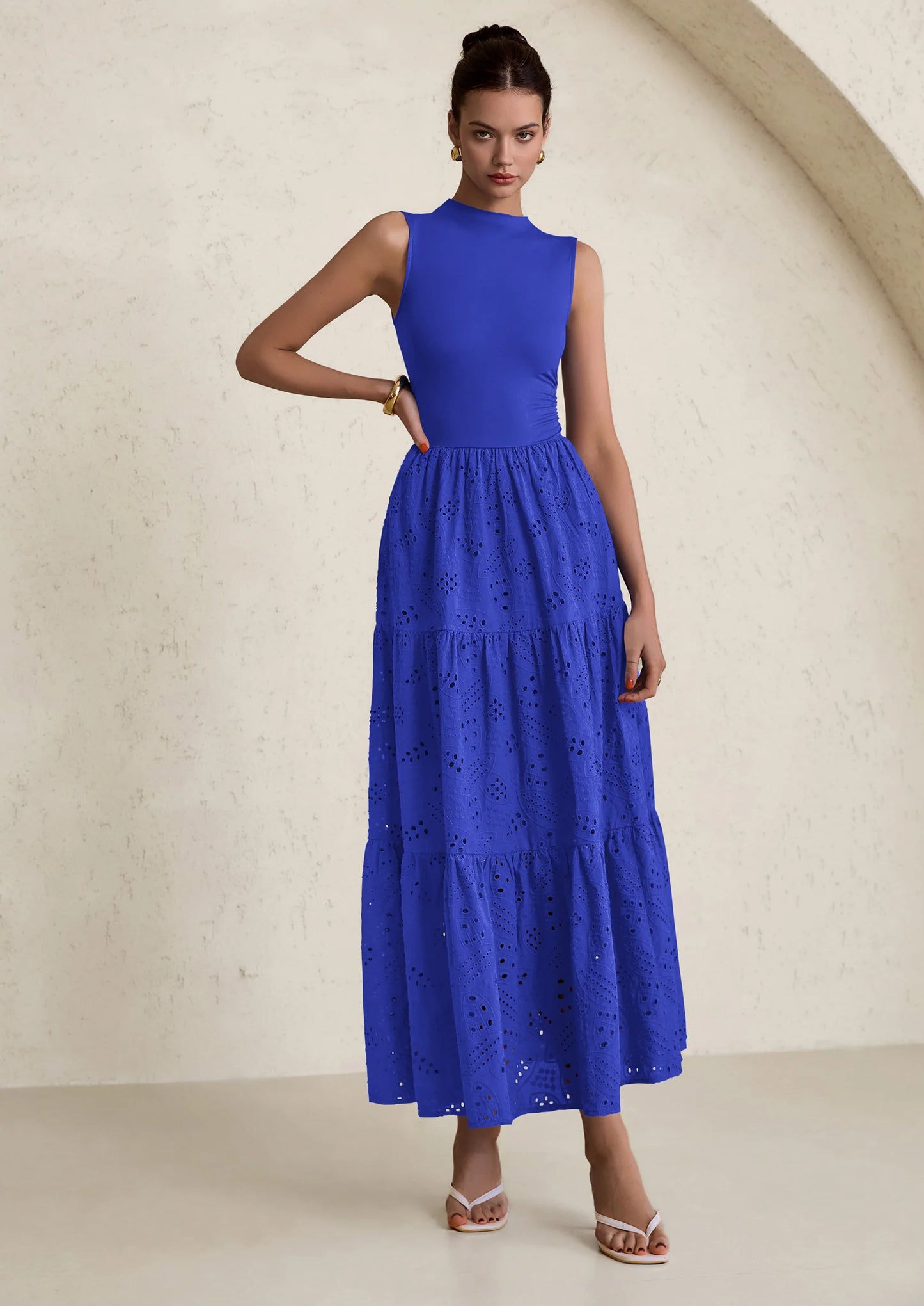 Dresses for Women Casual Eyelet Sleeveless Wedding Guest Maxi Dress Tank Top Sundress with Pockets