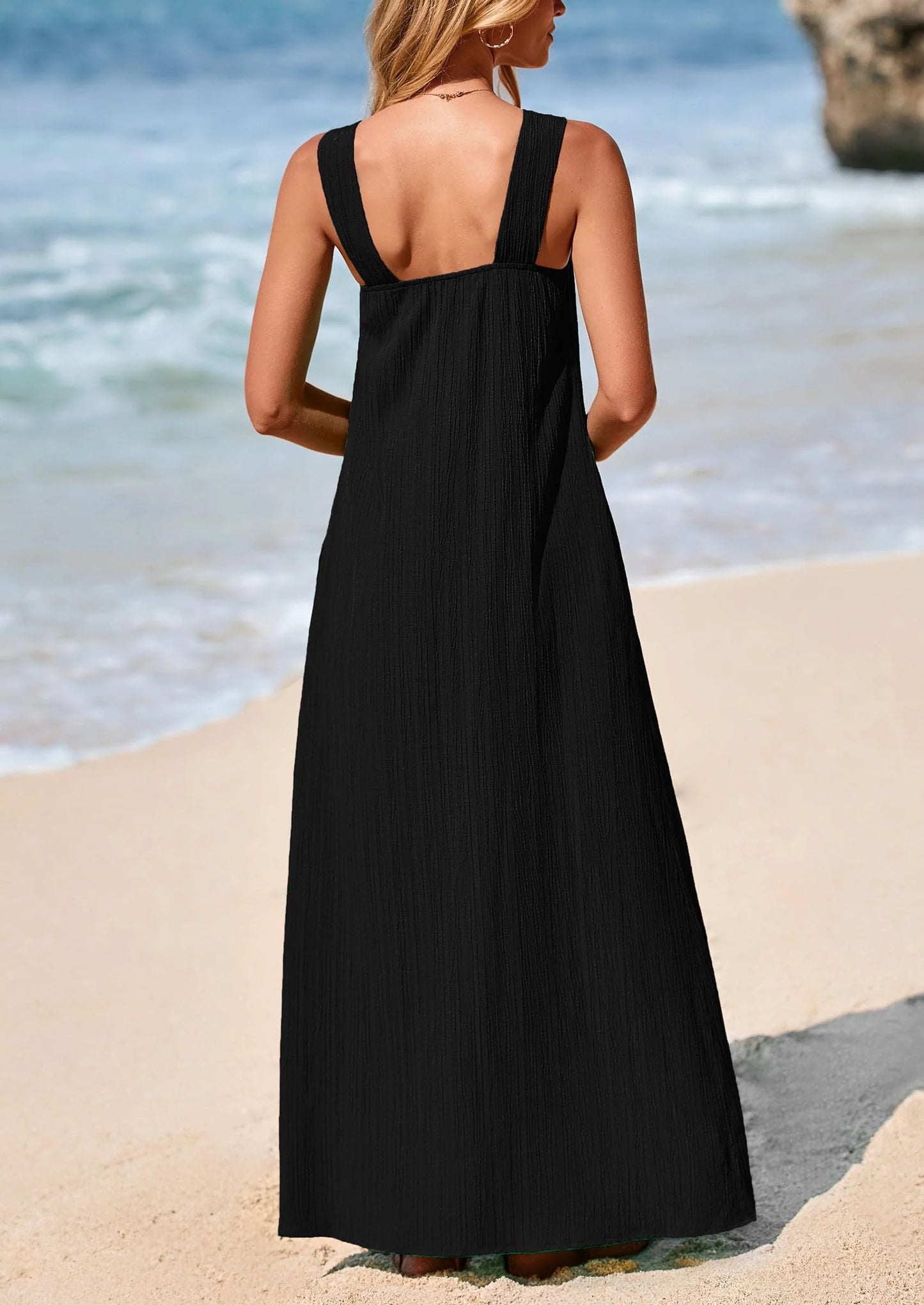 Womens Casual Long Summer Dresses Sleeveless Strappy Loose Flowy Beach Vacation Maxi Dress with Pockets