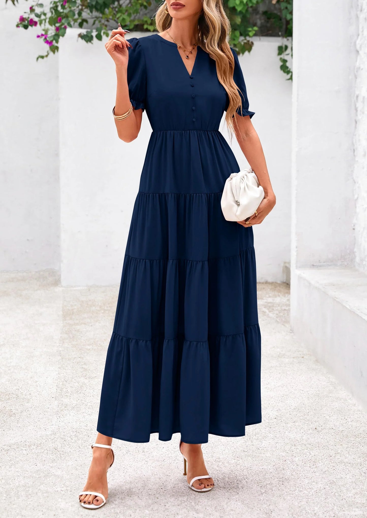 Women's Casual Short Sleeve V Neck Midi Dresses Spring A-line Tiered Wedding Guest Dress