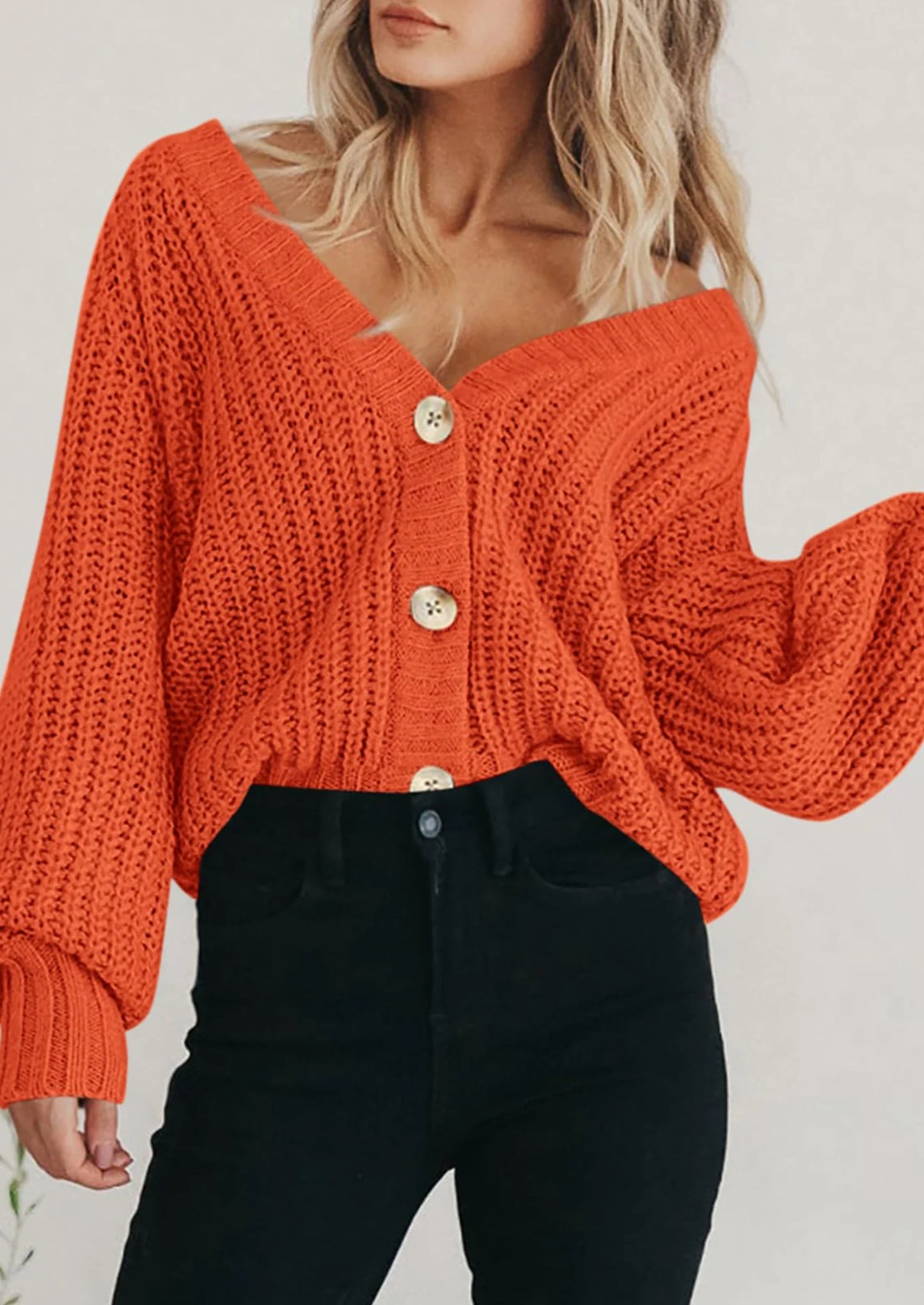Women's Chunky Knit Open Front Sweater Long Sleeve Button Loose Short Cardigan Outerwear Coats