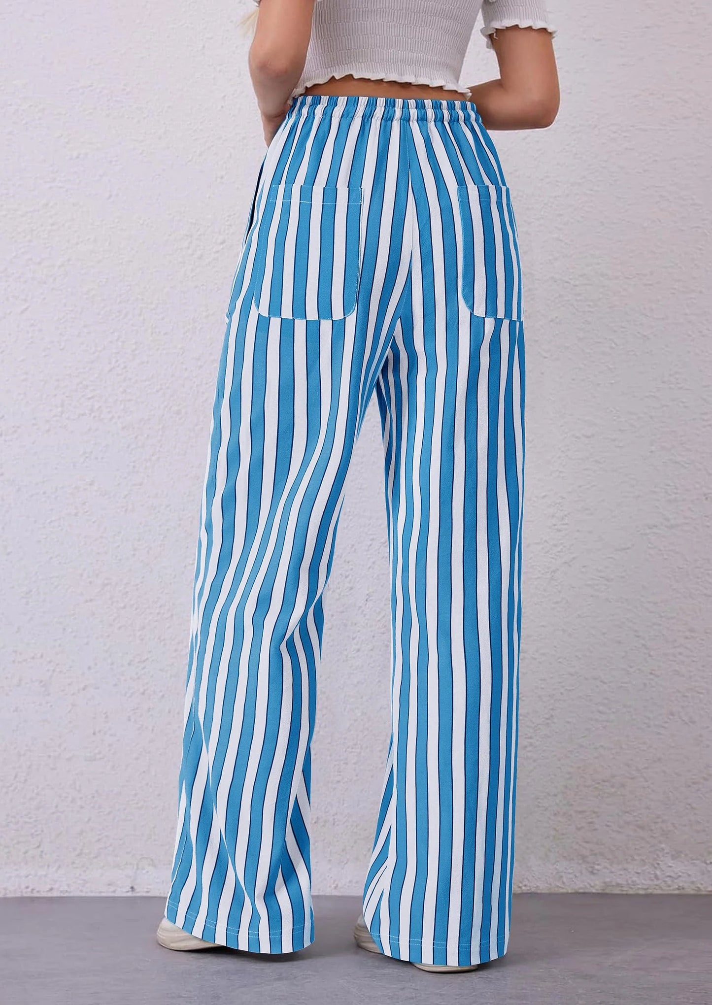 Women's Summer Striped Wide Leg Lounge Pants Trendy Clothes Drawstring Elastic Waist Comfy Pajama Bottoms