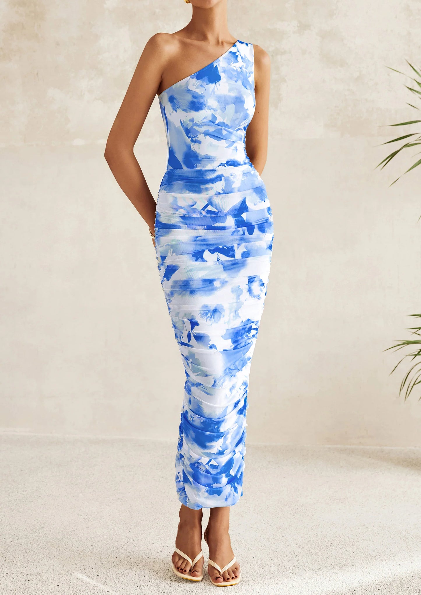 Women's One Shoulder Bodycon Dresses Ruched Floral Beach Cocktail Wedding Guest Dress