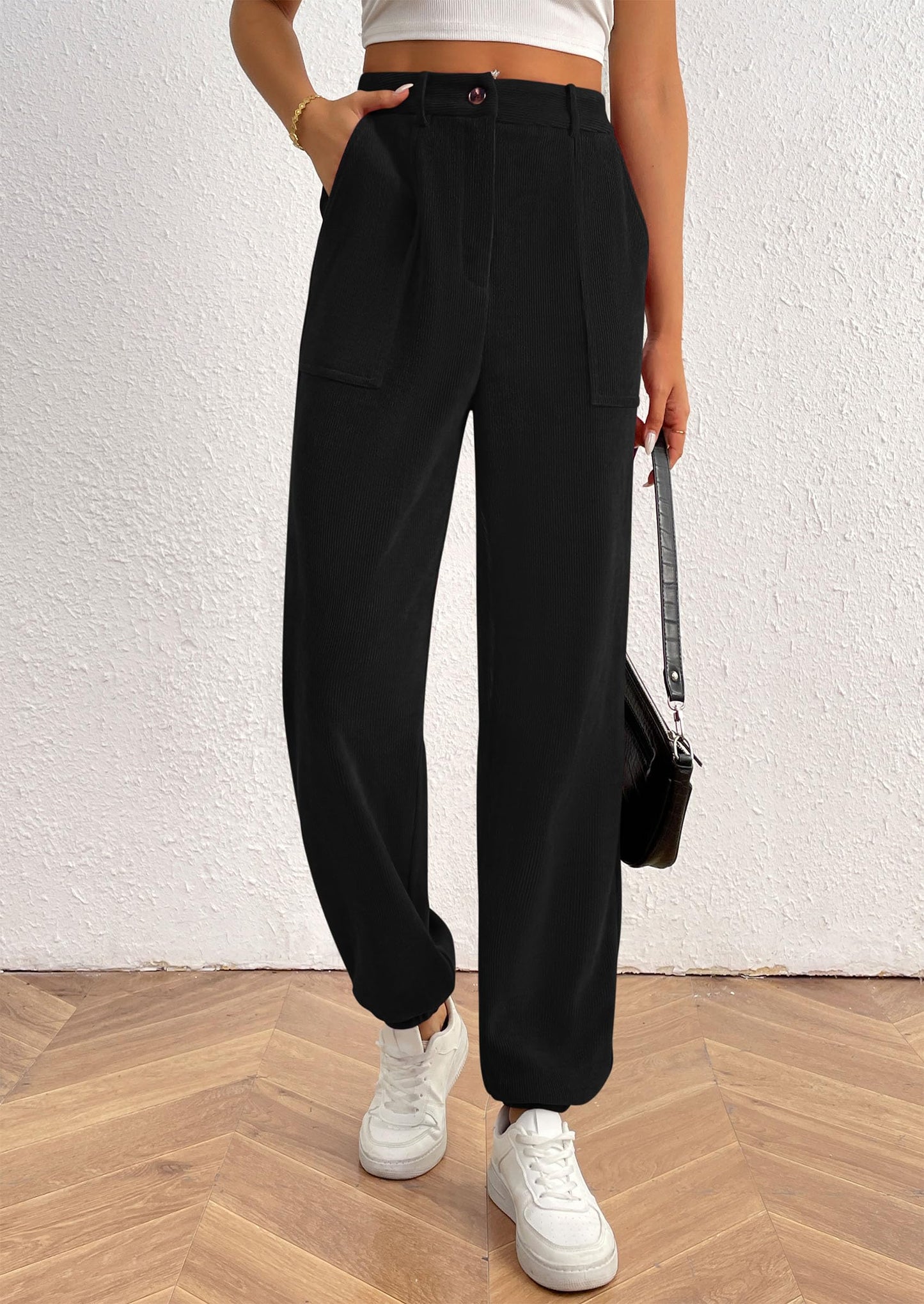 Women's Pants Dressy Casual Fall Elastic High Waisted Work Office Corduroy Trouser Slacks with Pockets
