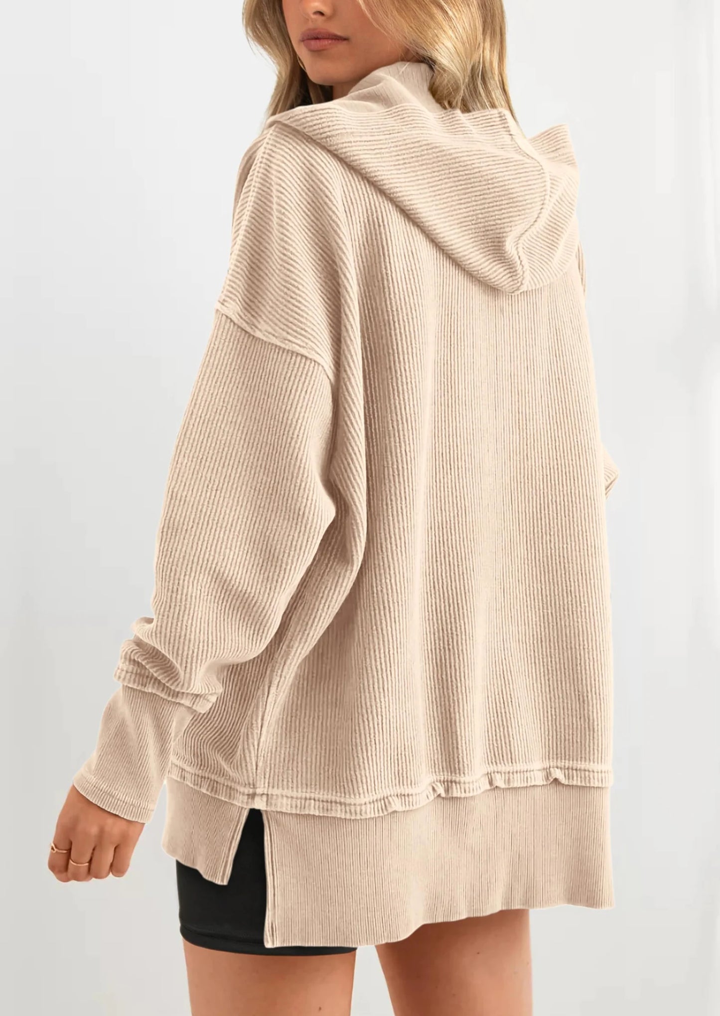 Womens Fashion Oversized Long Sleeve Hoodie Button Down V Neck Sweatshirt Side Slit Casual Pullover Tops