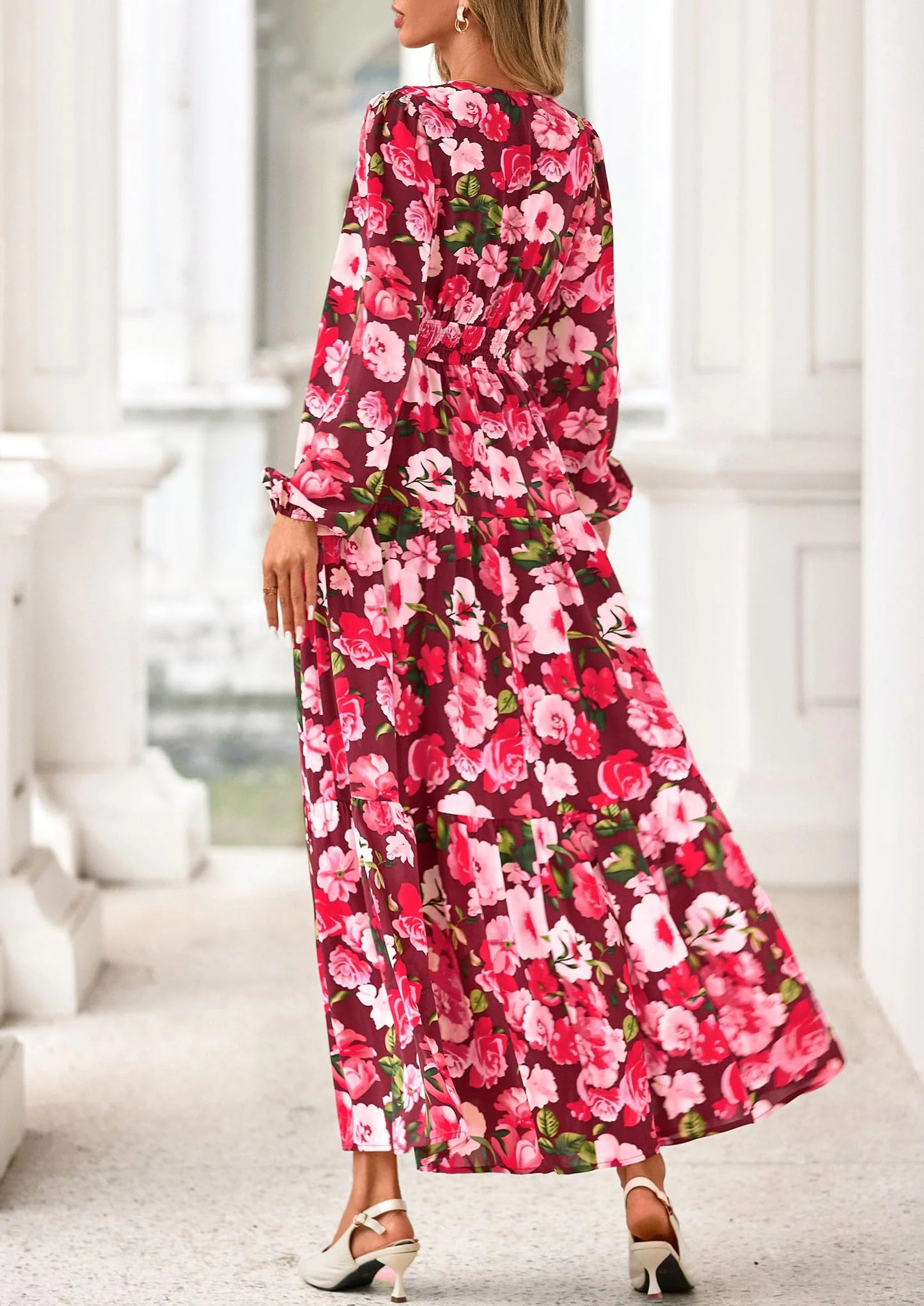 Long Sleeve Maxi Fall Dresses for Women Vneck Smocked Boho Floral Tiered Swing Flowy Wedding Guest Dress