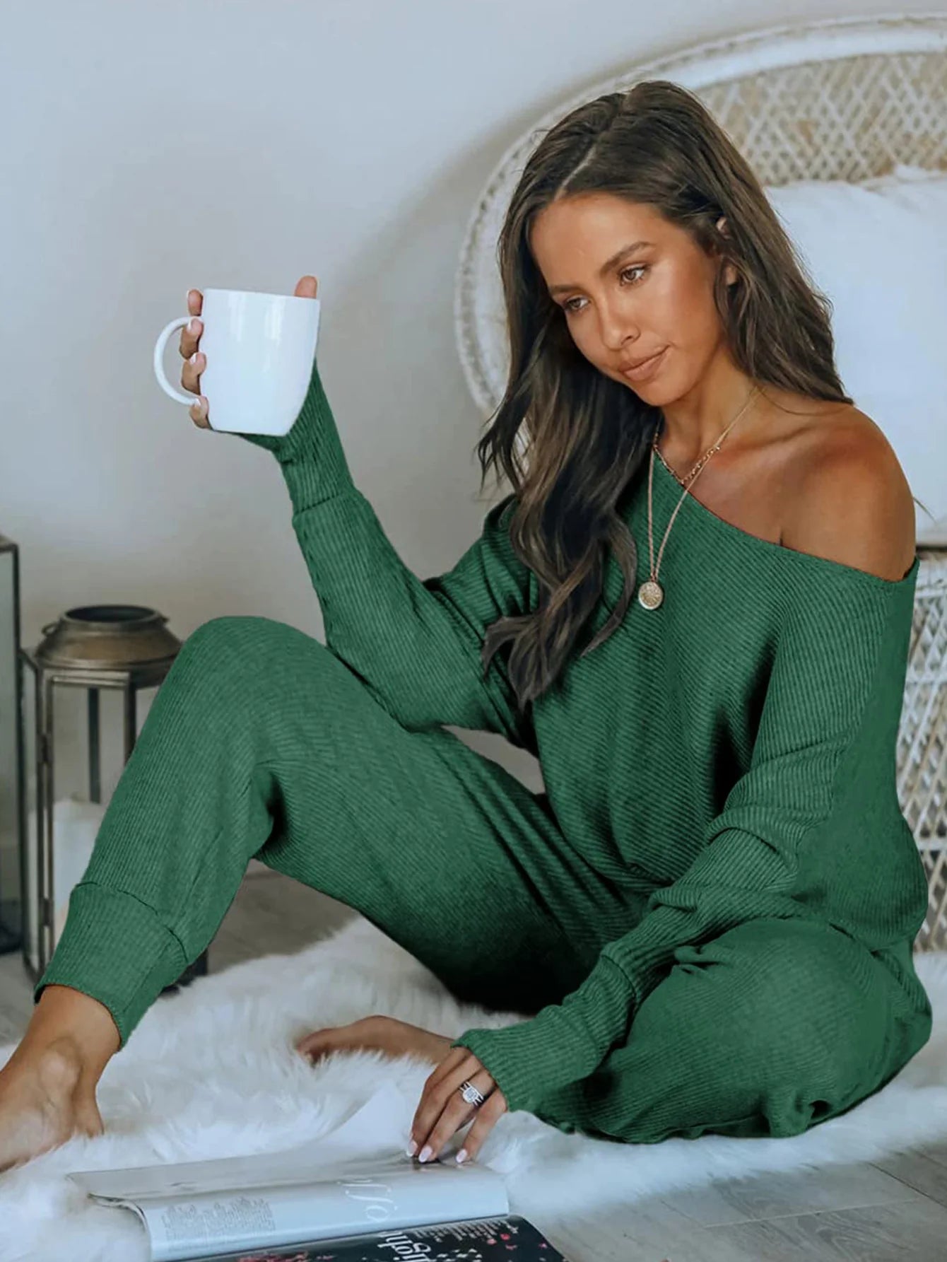 Women's 2 Piece Ribbed Tracksuit Outfits Off Shoulder Long Sleeve Pullover Lounge Pants with Pockets