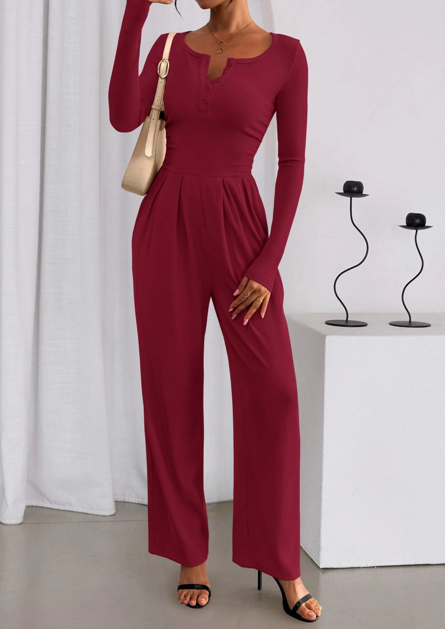 Jumpsuits for Women Dressy Casual Fall One Piece Outfits Long Sleeve Crew Neck Wide Leg Pants Rompers