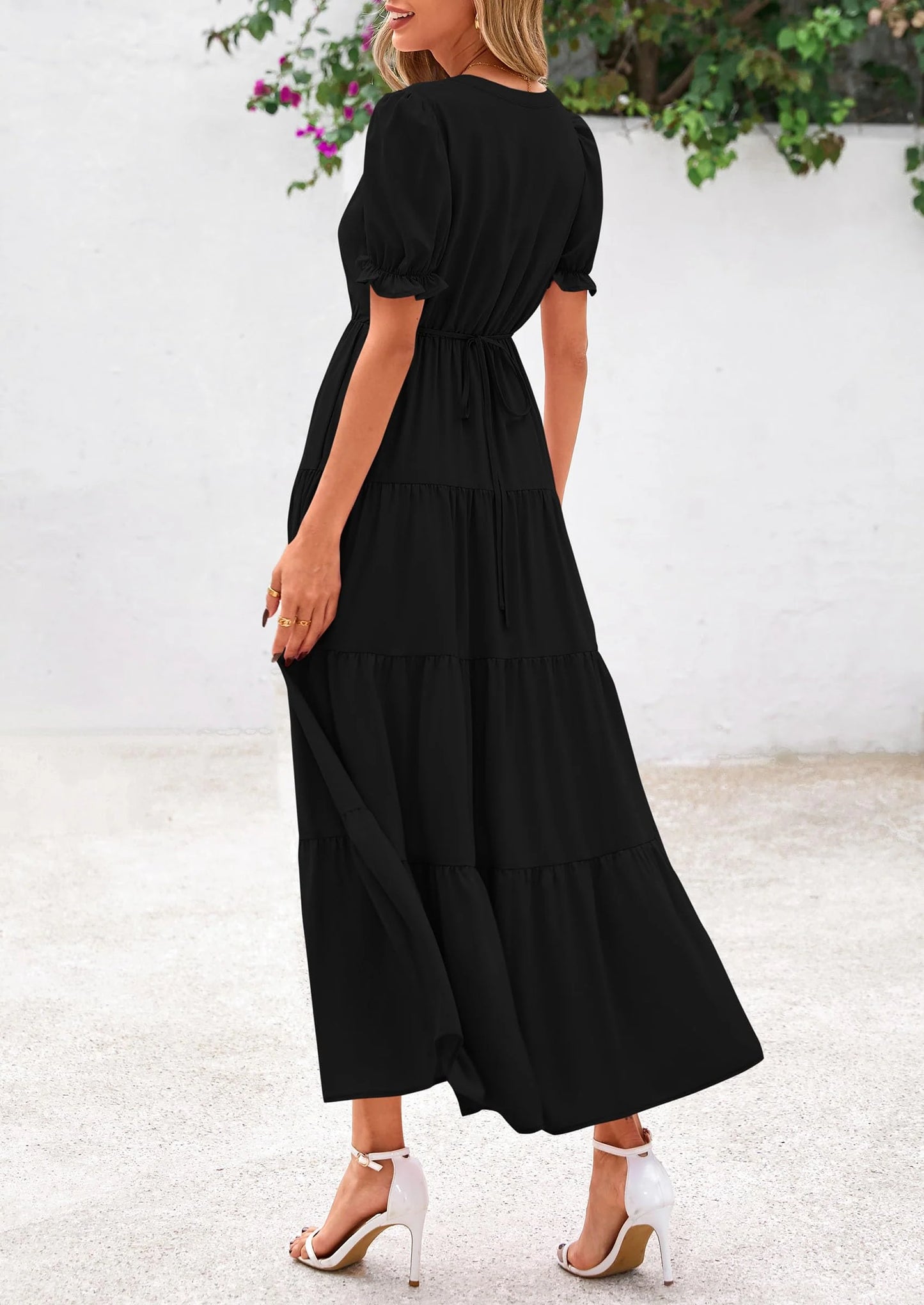 Women's Casual Short Sleeve V Neck Midi Dresses Spring A-line Tiered Wedding Guest Dress