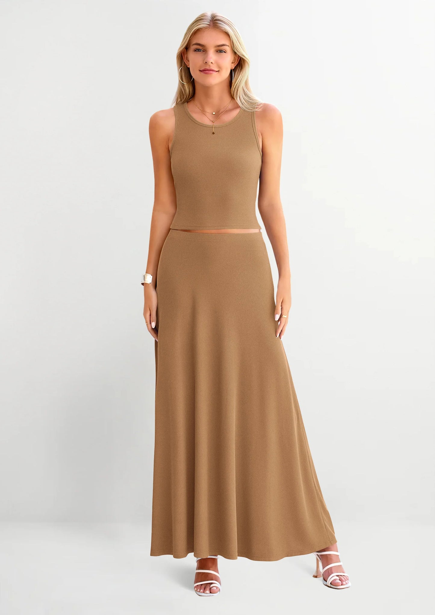 2 Piece Maxi Skirt Sets Casual Knit Cropped Tank Top High Waisted Long Skirts Outfit