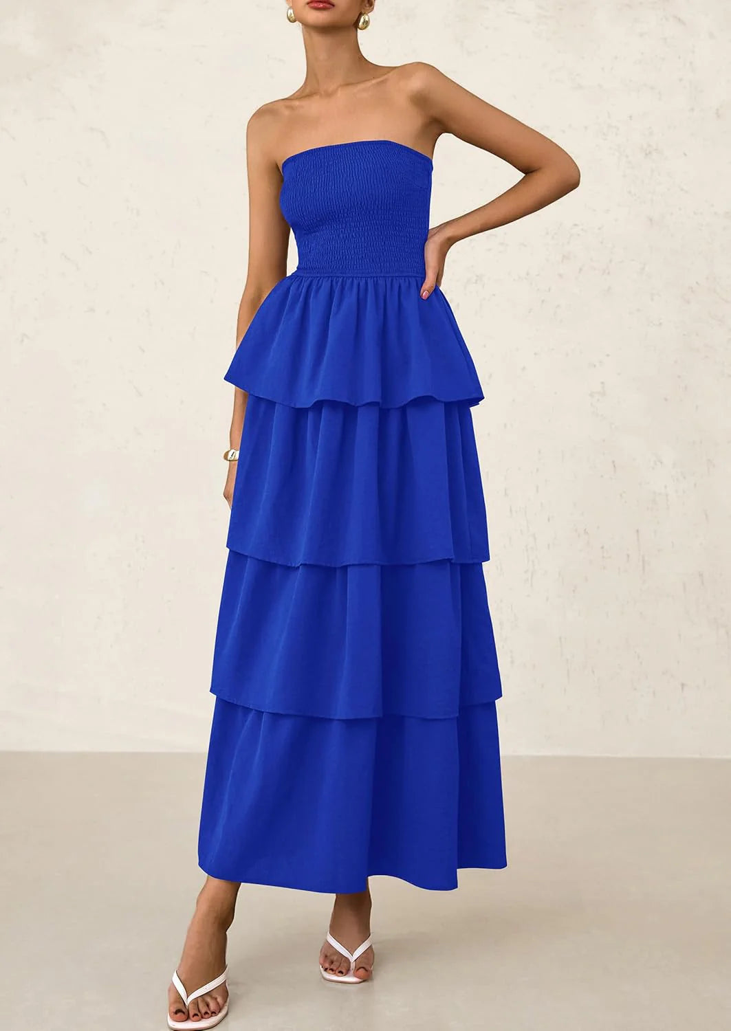 Maxi Dresses for Women Off Shoulder Smocked Tiered Ruffle Long Flowy Wedding Guest Dress