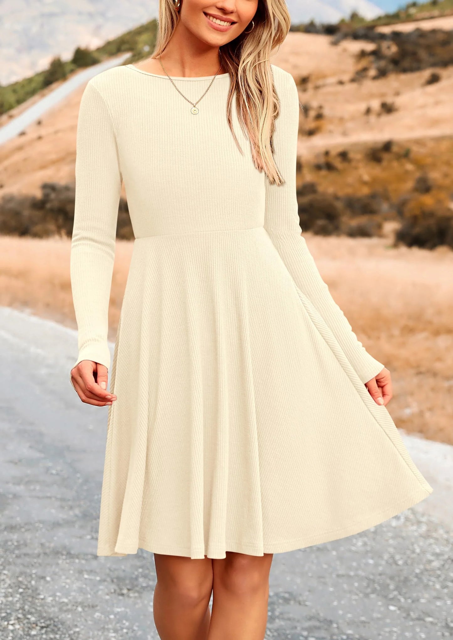 Women's Spring Fall Short Dress Ribbed Knit Crewneck Long Sleeve A Line Flowy Casual Elegant Going Out Dresses