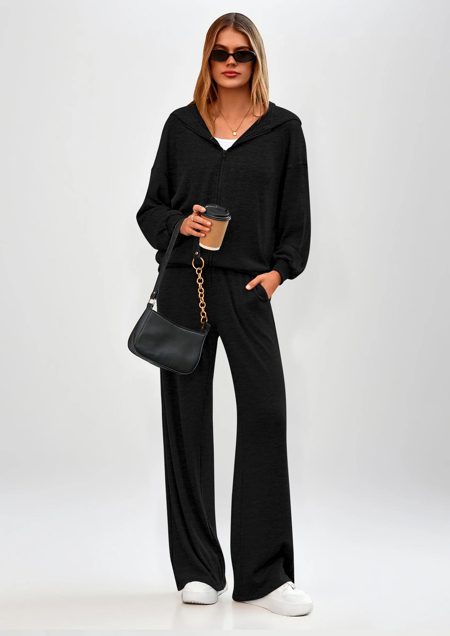 Women's 2 Piece Fall Lounge Sets Zip Up Hoodie Wide Leg Pants Tracksuit Matching Travel Outfits Clothes