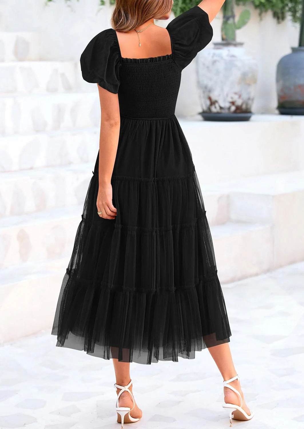 Women's Smocked Tulle Midi Dress Square Neck Puffy Short Sleeve Ruffle Wedding Guest Party Dresses
